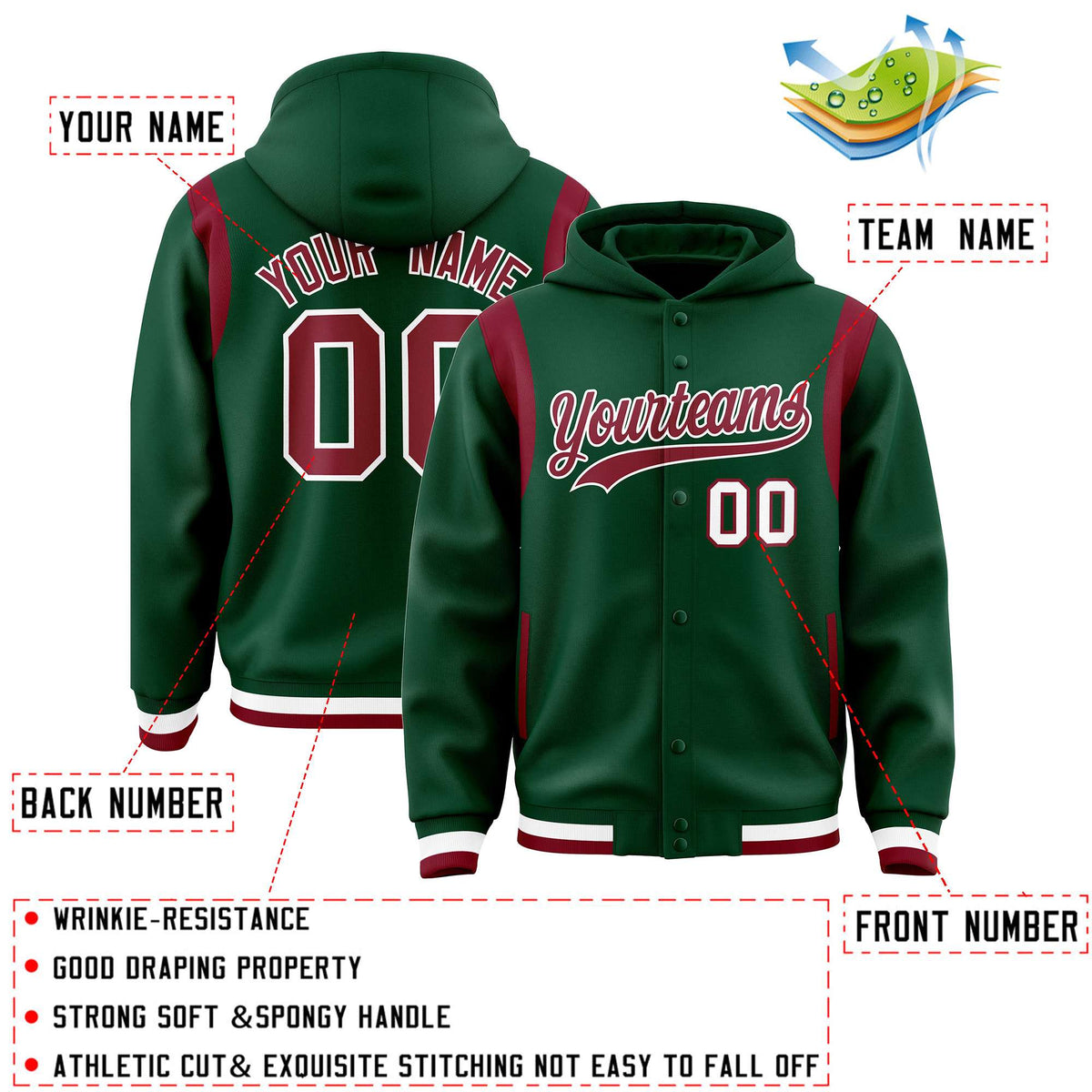 Custom Green Crimson Varsity Full-Snap Letterman Shoulder Color Block Jacket Hoodie| KXKSHOP