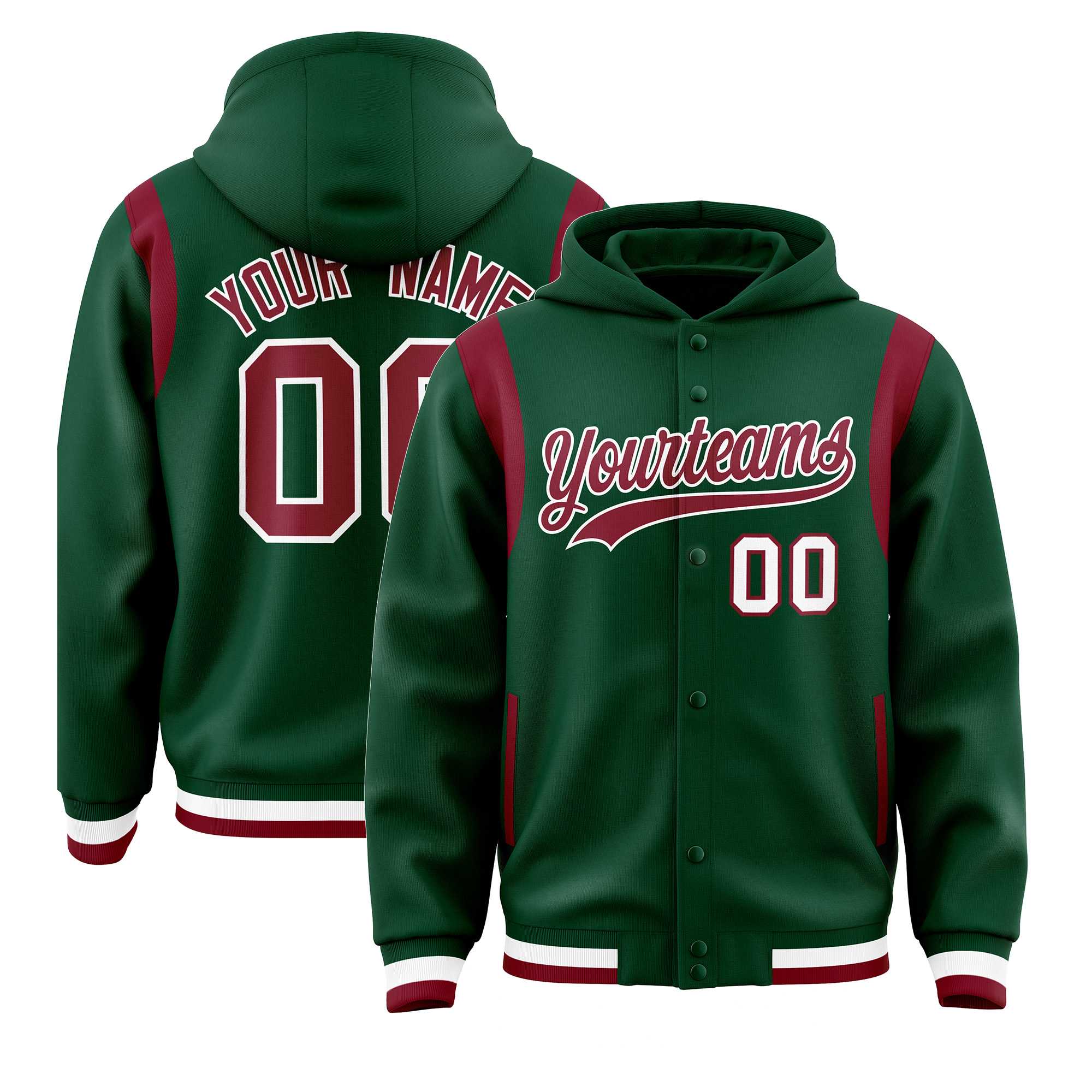 Custom Green Crimson Varsity Full-Snap Letterman Shoulder Color Block Jacket Hoodie| KXKSHOP