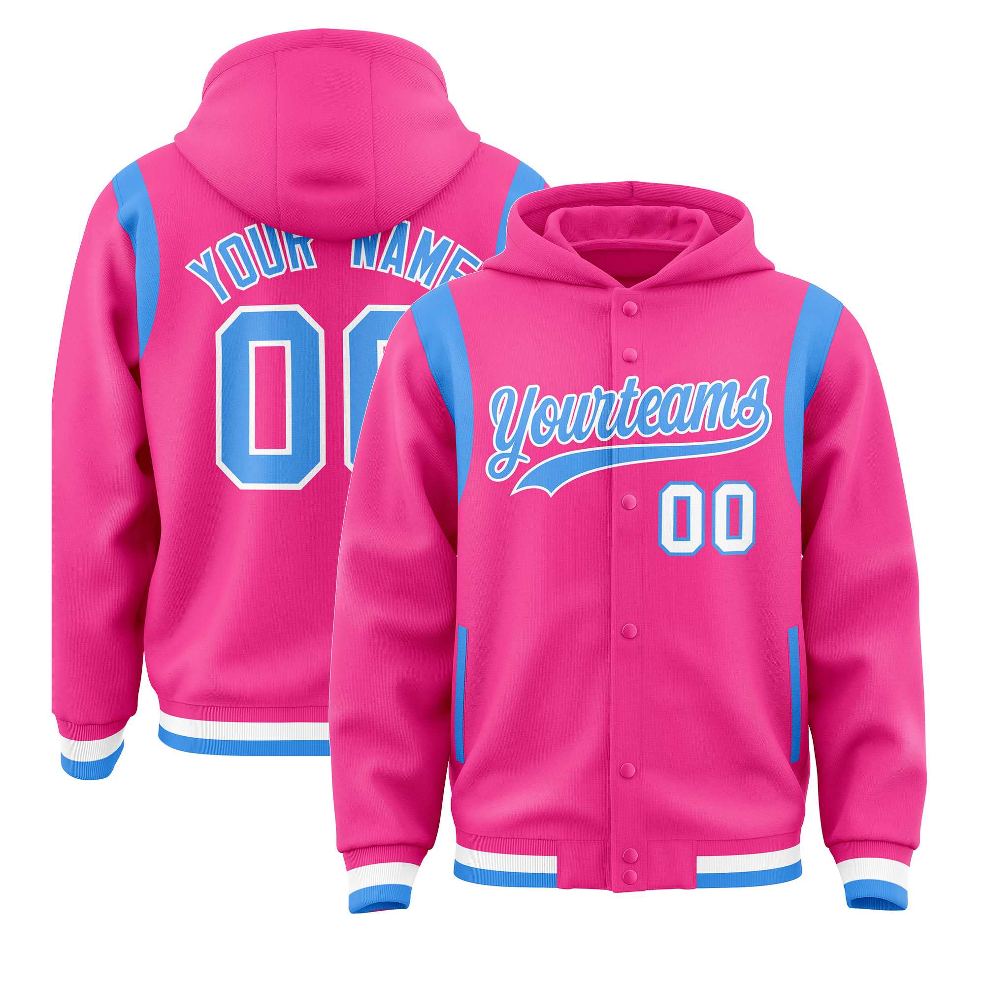 Custom Pink Powder Blue Varsity Full-Snap Letterman Shoulder Color Block Jacket Hoodie| KXKSHOP