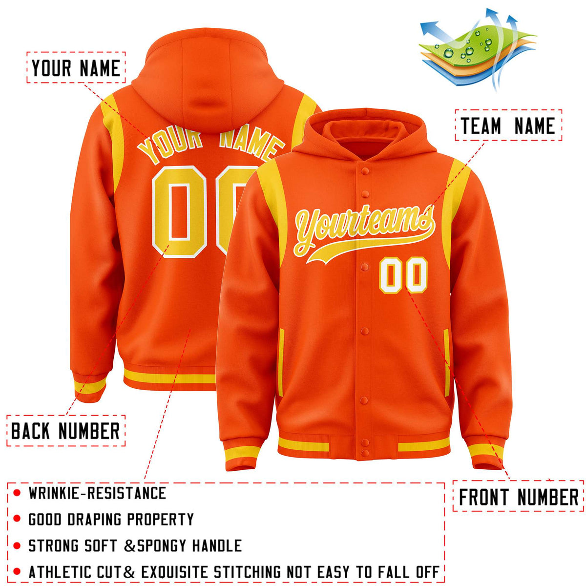 Custom Orange Gold Varsity Full-Snap Letterman Shoulder Color Block Jacket Hoodie| KXKSHOP