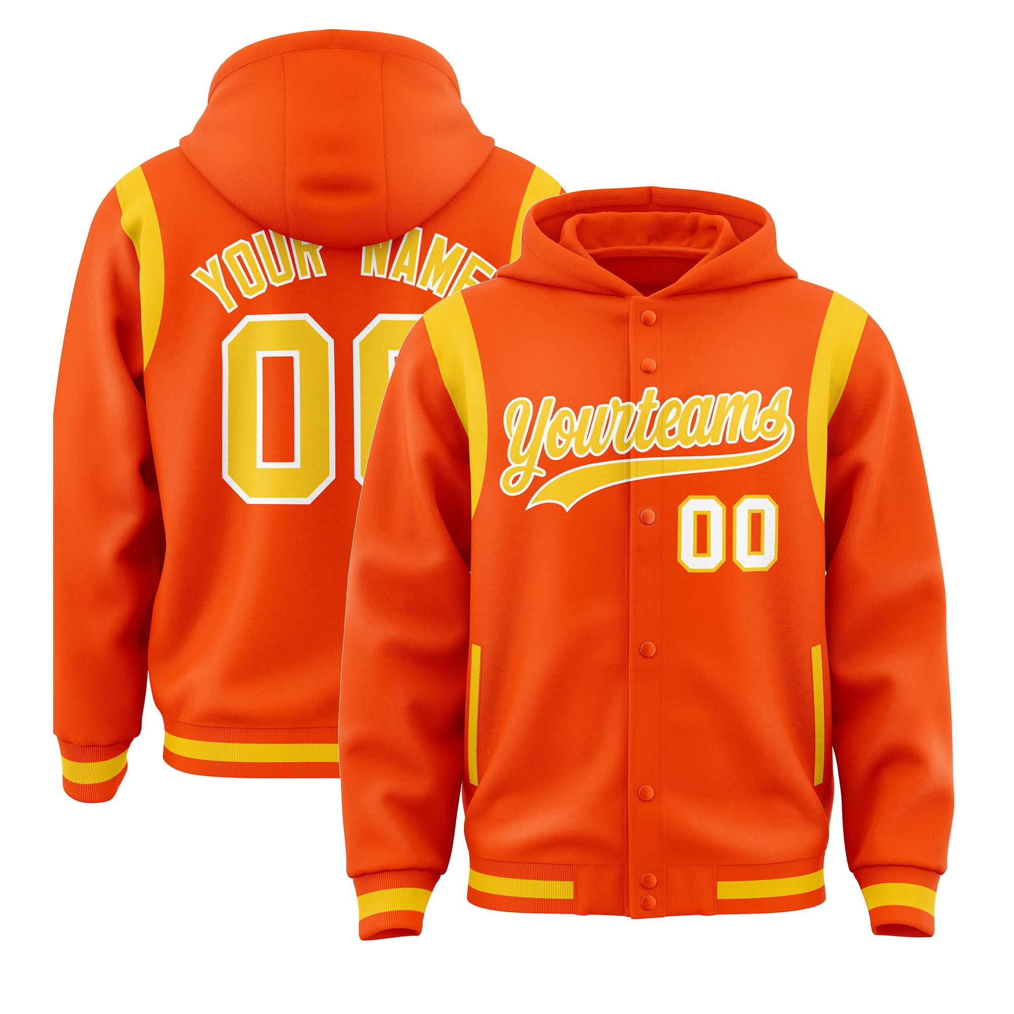 Custom Orange Gold Varsity Full-Snap Letterman Shoulder Color Block Jacket Hoodie| KXKSHOP