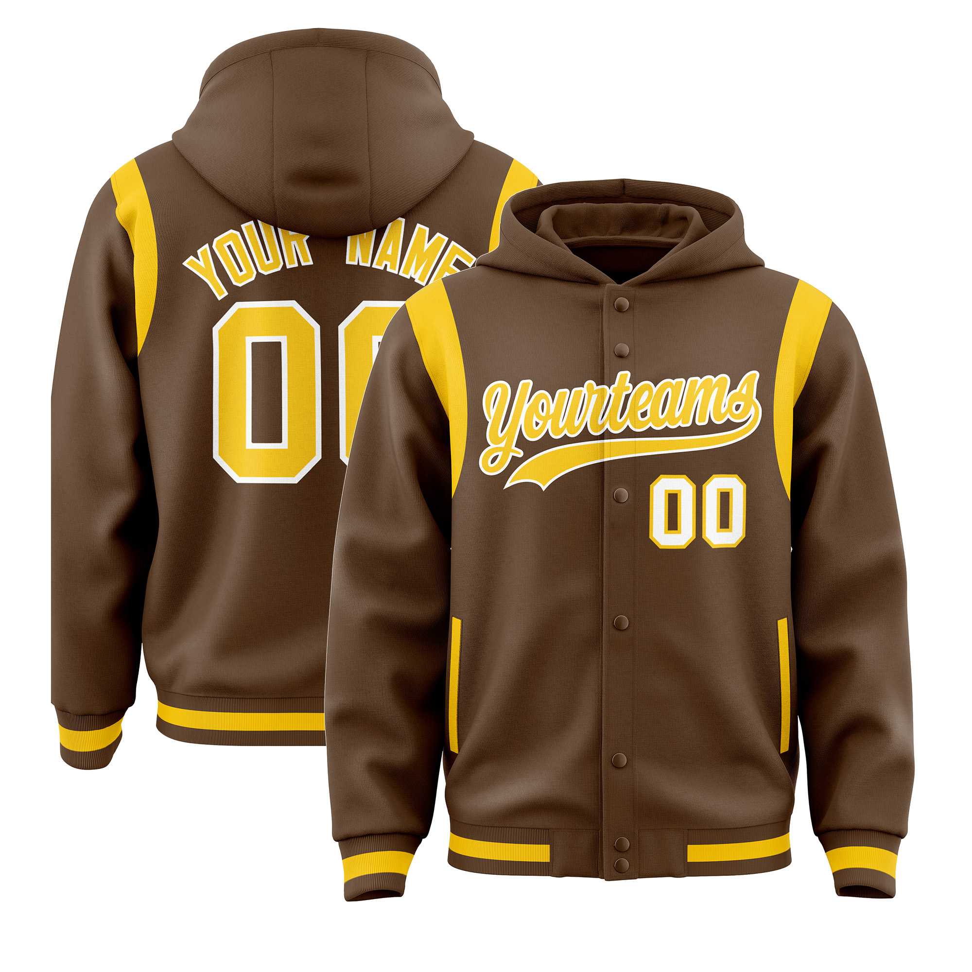 Custom Light Brown Gold Varsity Full-Snap Letterman Shoulder Color Block Jacket Hoodie| KXKSHOP