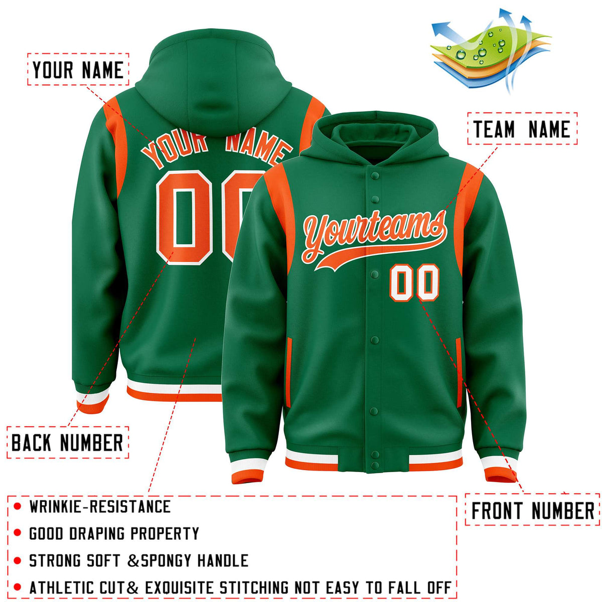 Custom Kelly Green Orange Varsity Full-Snap Letterman Shoulder Color Block Jacket Hoodie| KXKSHOP