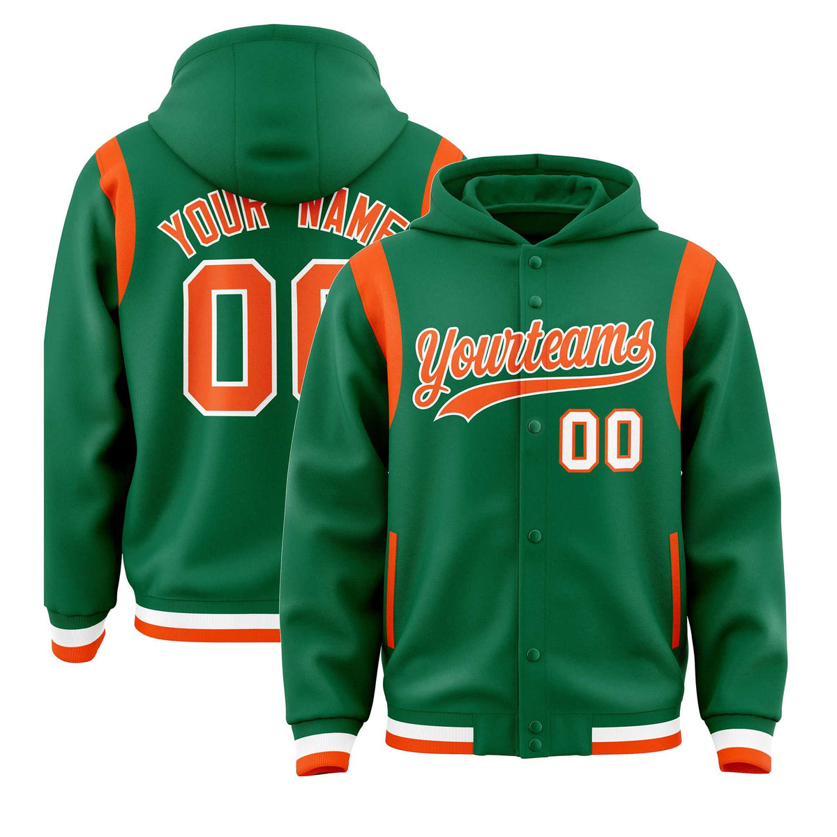 Custom Kelly Green Orange Varsity Full-Snap Letterman Shoulder Color Block Jacket Hoodie| KXKSHOP