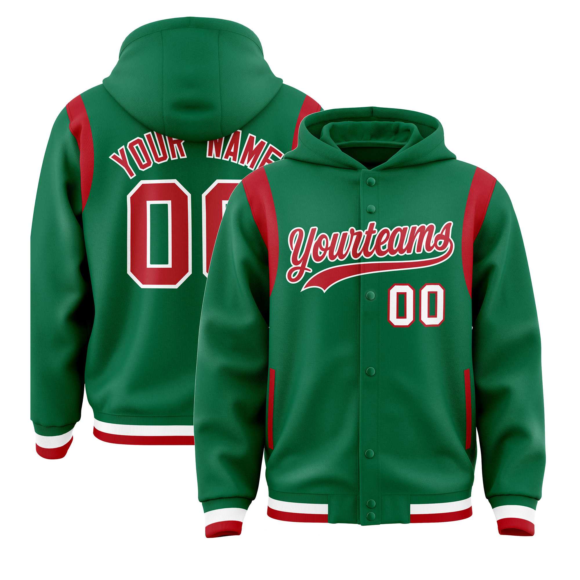 Custom Kelly Green Red Varsity Full-Snap Letterman Shoulder Color Block Jacket Hoodie| KXKSHOP