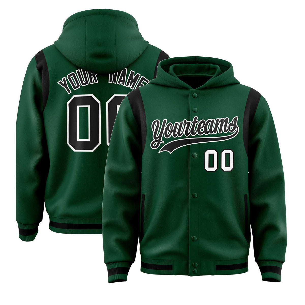 Custom Green Black Varsity Full-Snap Letterman Shoulder Color Block Jacket Hoodie| KXKSHOP