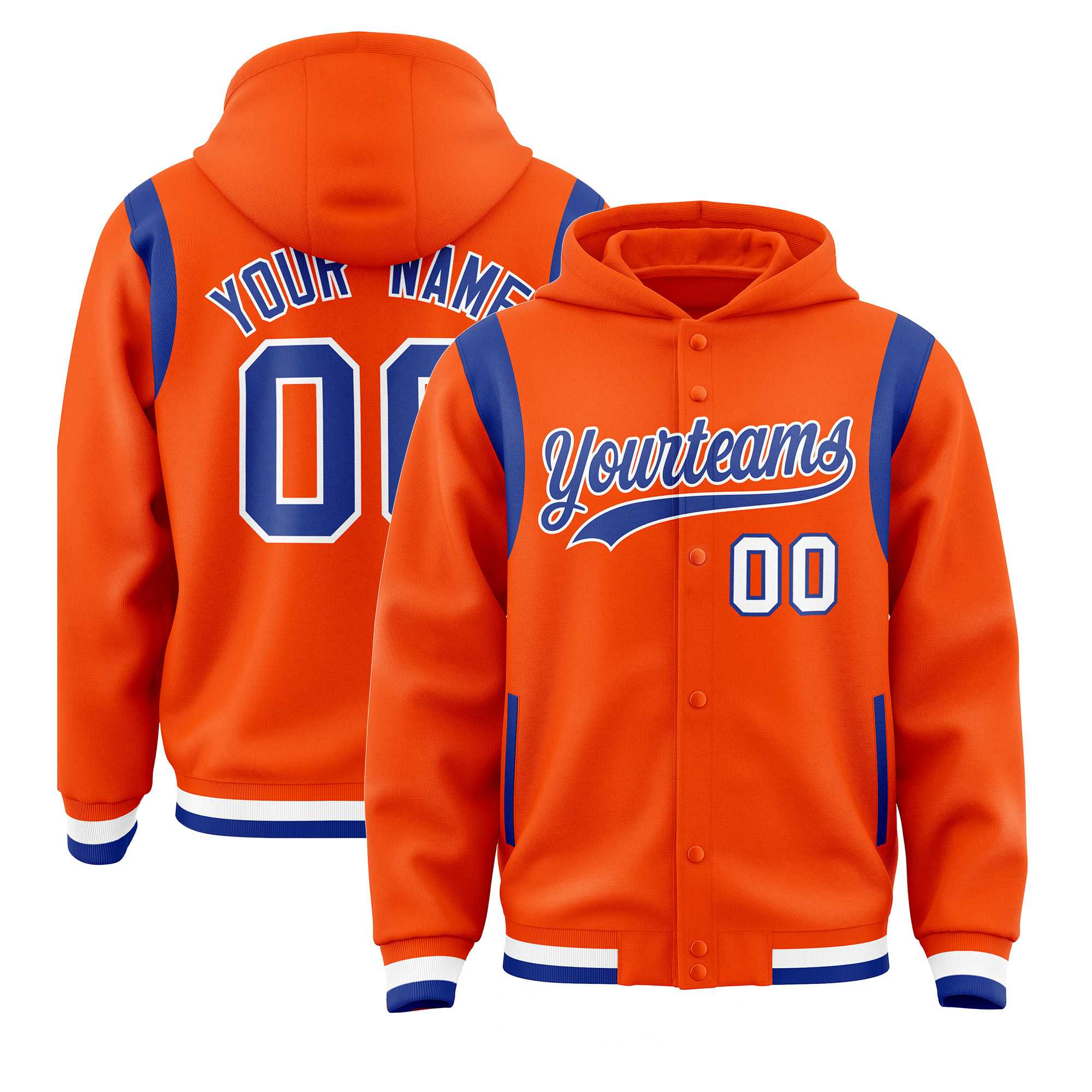 Custom Orange Royal Varsity Full-Snap Letterman Shoulder Color Block Jacket Hoodie| KXKSHOP