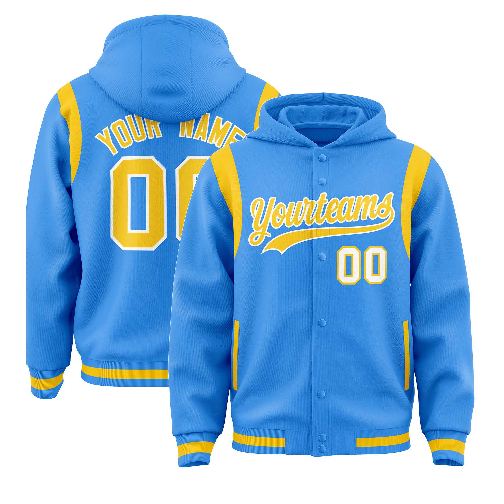 Custom Powder Blue Gold Varsity Full-Snap Letterman Shoulder Color Block Jacket Hoodie| KXKSHOP