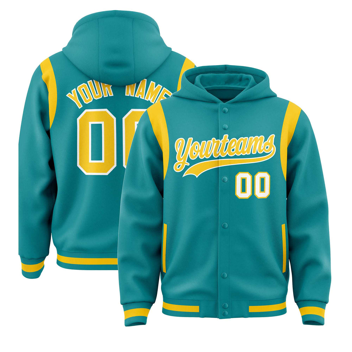 Custom Aqua Gold Varsity Full-Snap Letterman Shoulder Color Block Jacket Hoodie| KXKSHOP