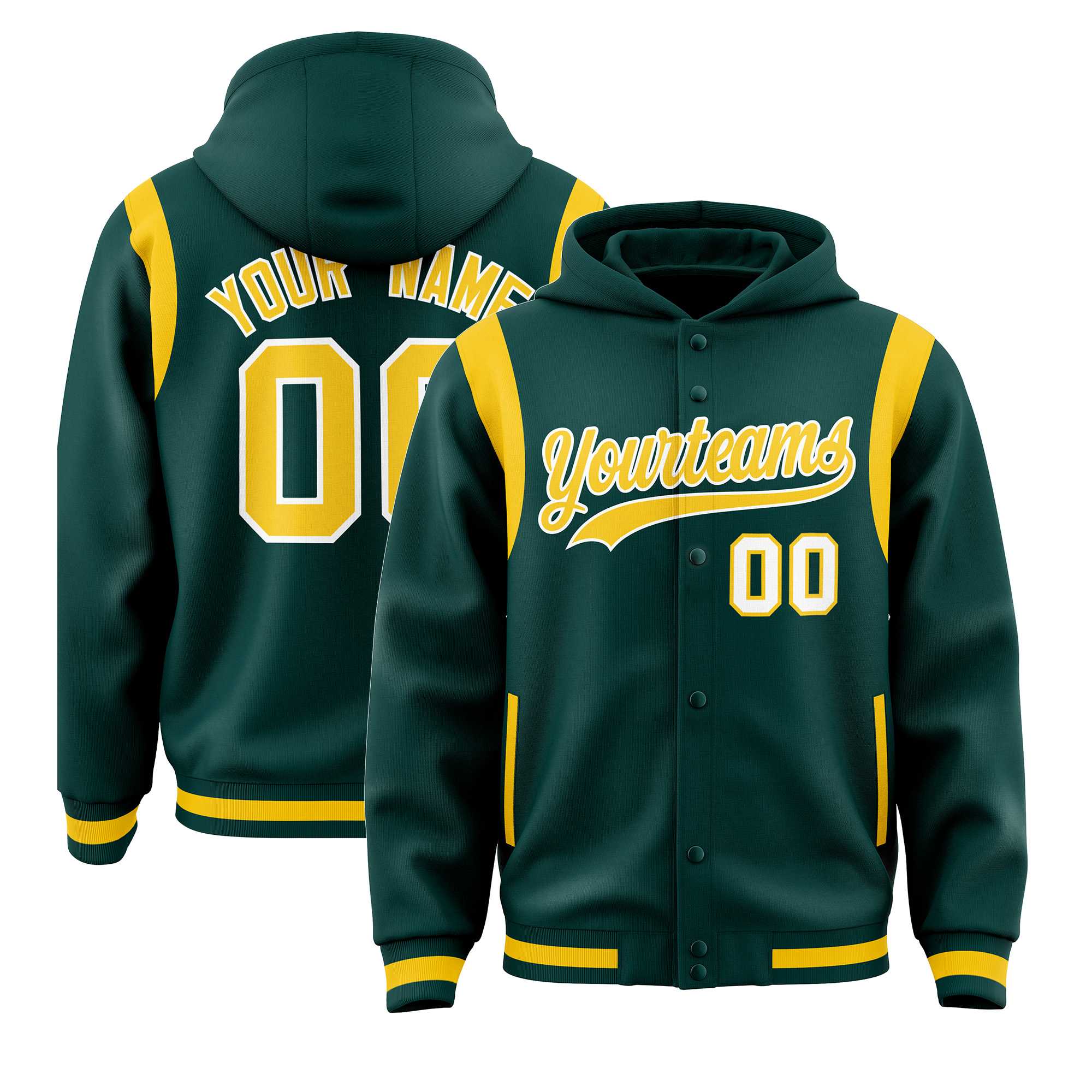 Custom Midnight Green Gold Varsity Full-Snap Letterman Shoulder Color Block Jacket Hoodie| KXKSHOP