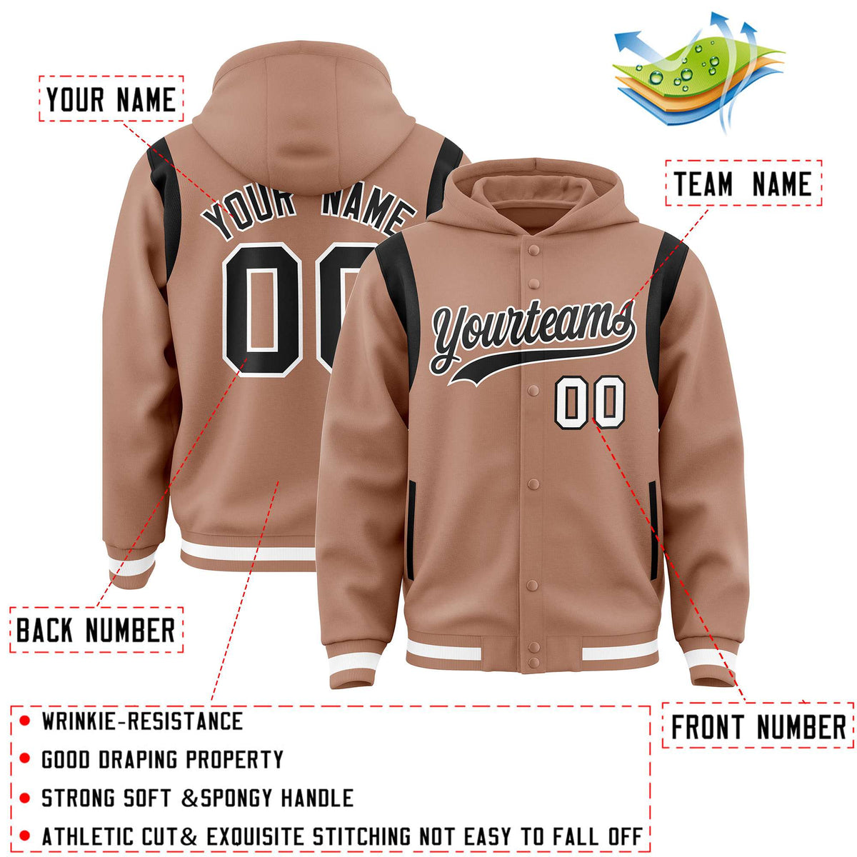 Custom Coffee Brown Black Varsity Full-Snap Letterman Shoulder Color Block Jacket Hoodie| KXKSHOP