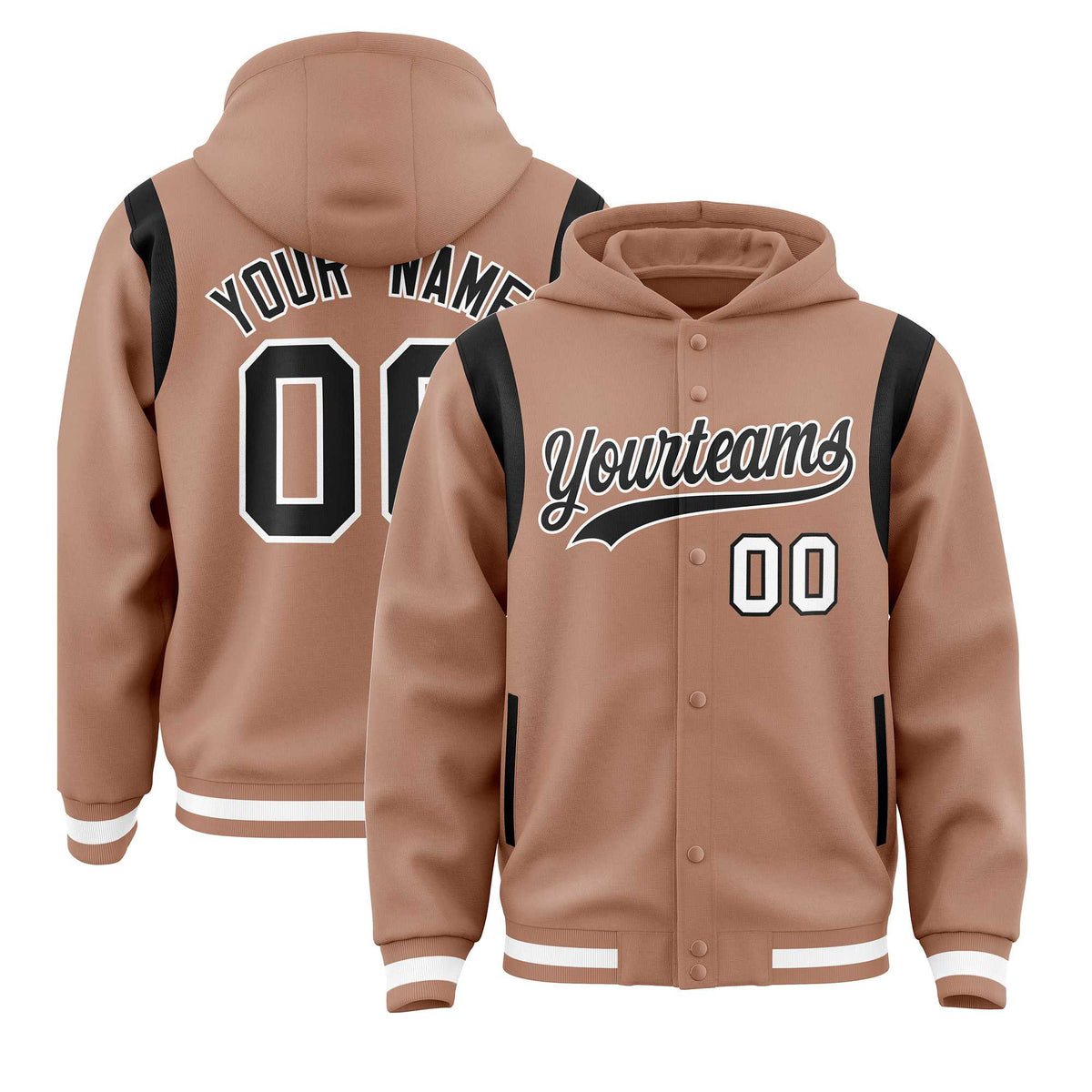 Custom Coffee Brown Black Varsity Full-Snap Letterman Shoulder Color Block Jacket Hoodie| KXKSHOP