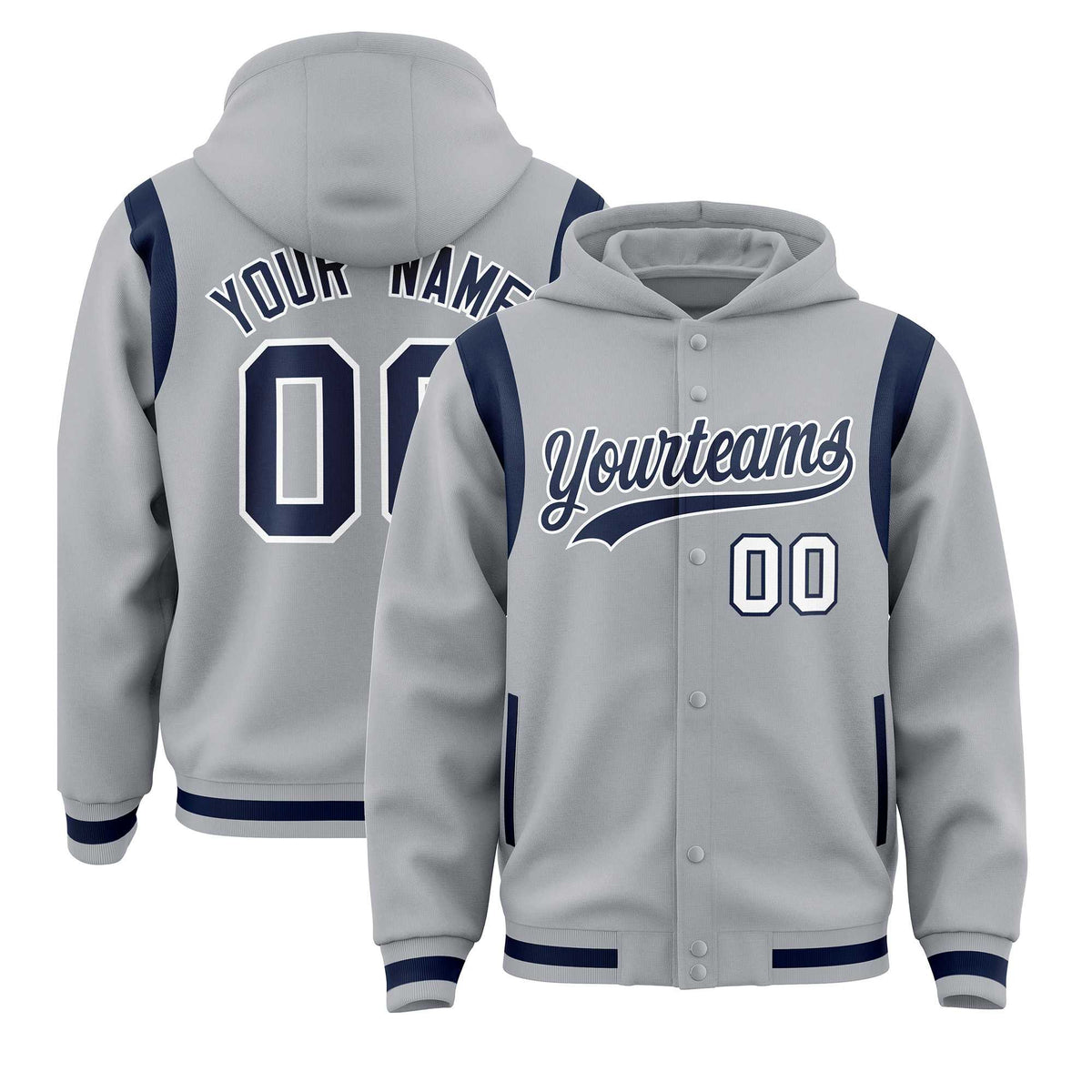Custom Silver Navy Varsity Full-Snap Letterman Shoulder Color Block Jacket Hoodie| KXKSHOP