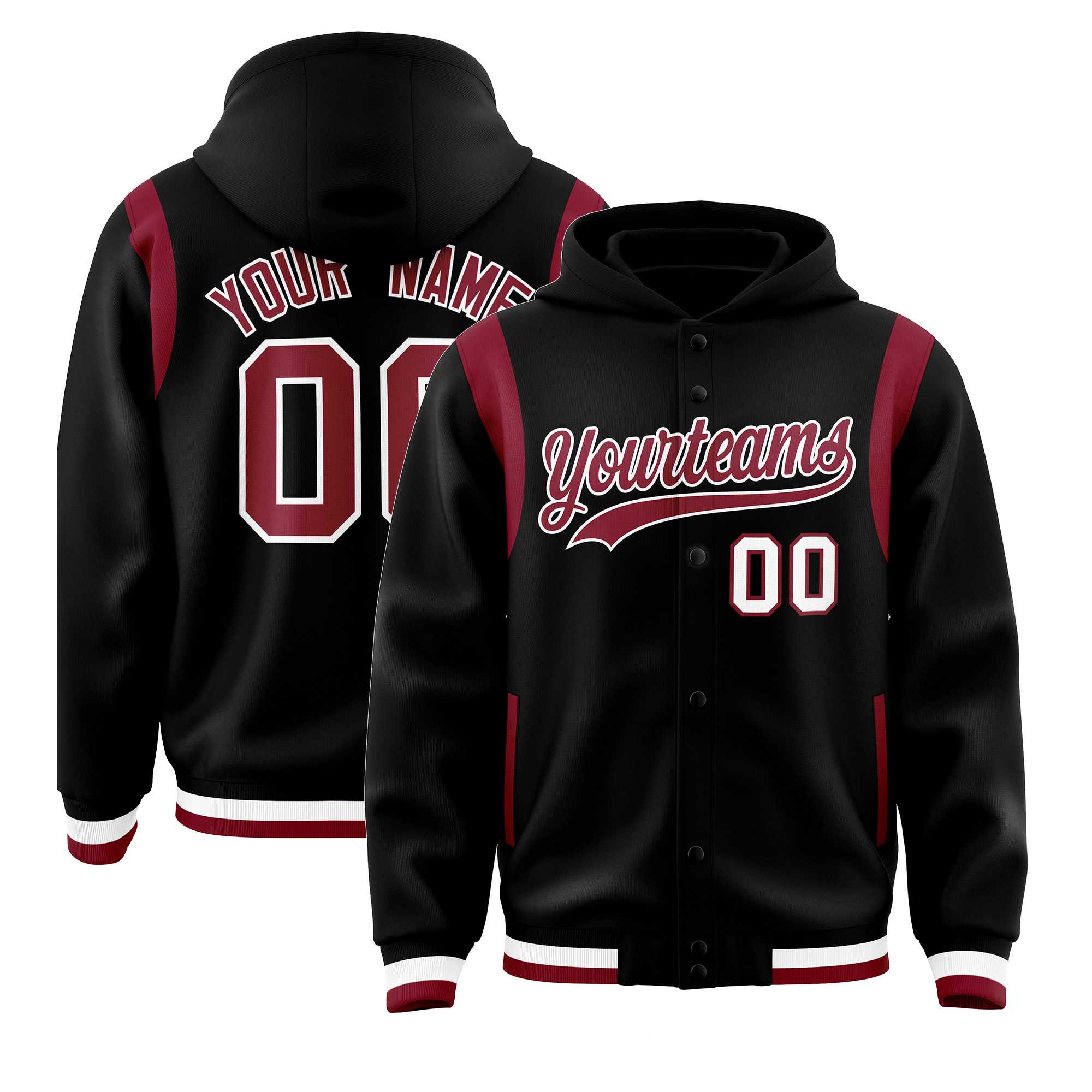 Custom Black Crimson Varsity Full-Snap Letterman Shoulder Color Block Jacket Hoodie| KXKSHOP