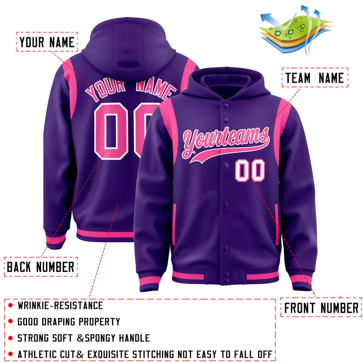 Custom Purple Pink Varsity Full-Snap Letterman Shoulder Color Block Jacket Hoodie| KXKSHOP