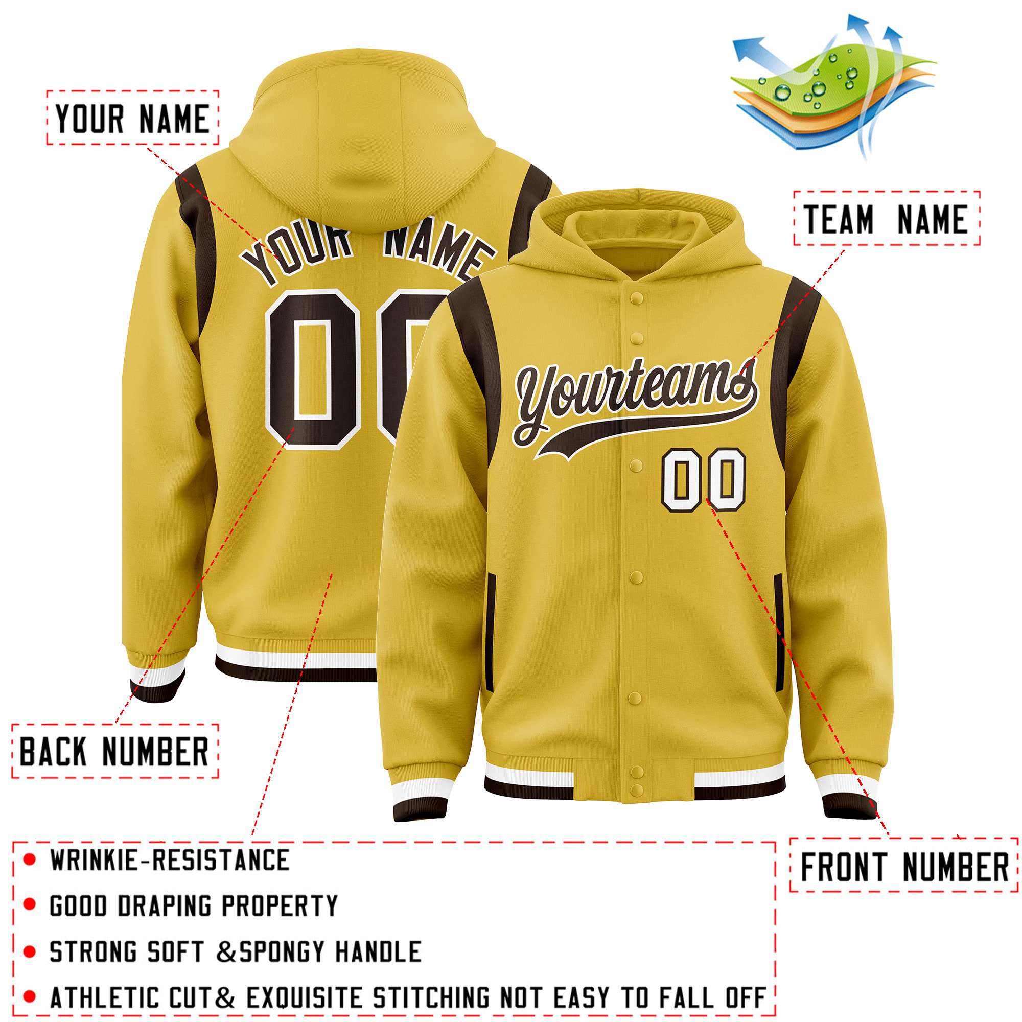 Custom Old Gold Brown Varsity Full-Snap Letterman Shoulder Color Block Jacket Hoodie| KXKSHOP