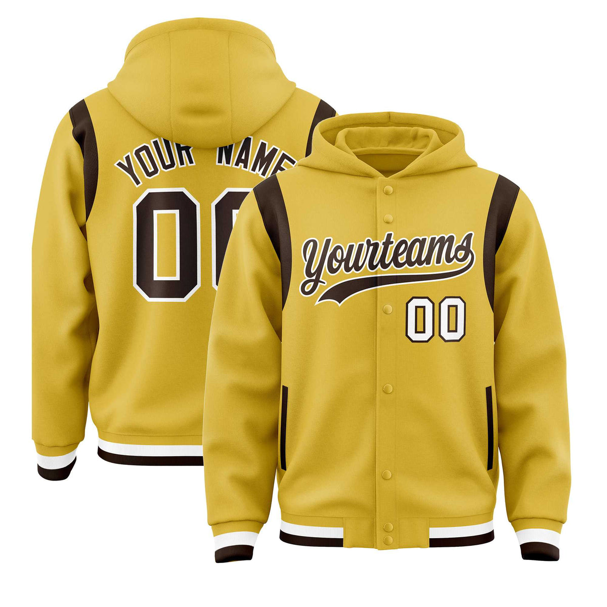 Custom Old Gold Brown Varsity Full-Snap Letterman Shoulder Color Block Jacket Hoodie| KXKSHOP