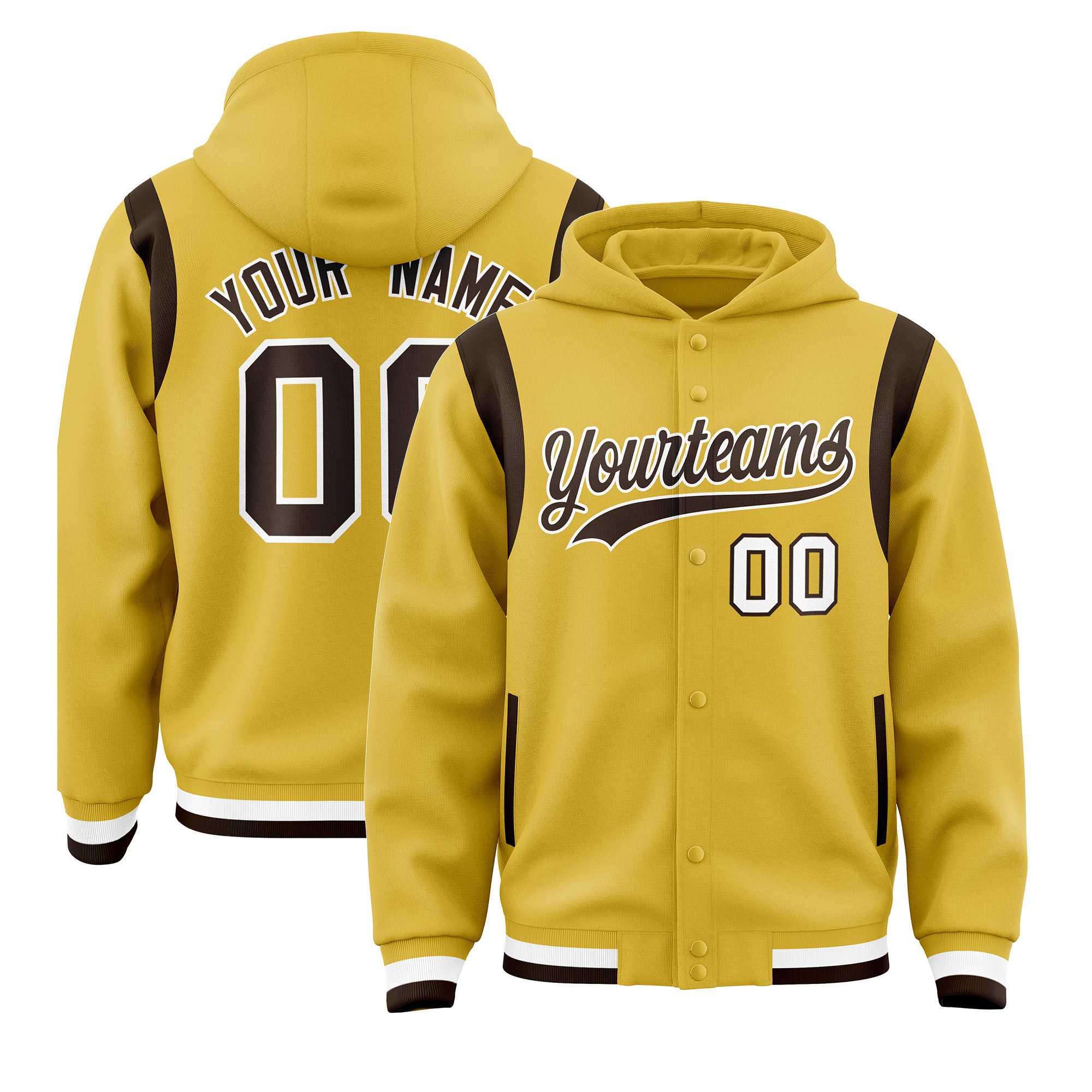 Custom Old Gold Brown Varsity Full-Snap Letterman Shoulder Color Block Jacket Hoodie| KXKSHOP