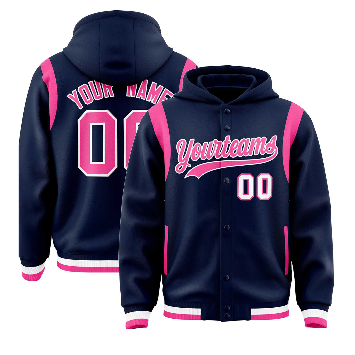Custom Navy Pink Varsity Full-Snap Letterman Shoulder Color Block Jacket Hoodie| KXKSHOP