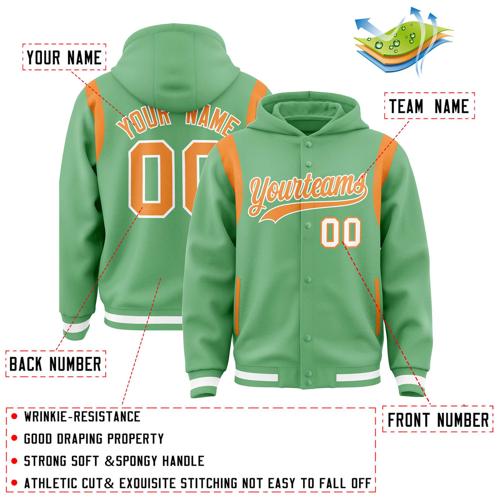 Custom Light Green Orange Varsity Full-Snap Letterman Shoulder Color Block Jacket Hoodie| KXKSHOP