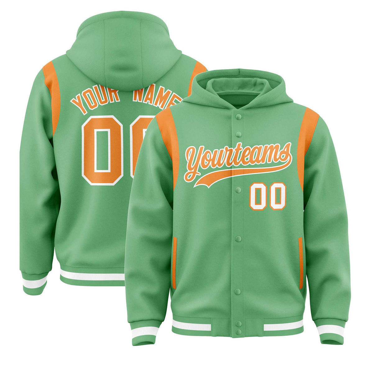 Custom Light Green Orange Varsity Full-Snap Letterman Shoulder Color Block Jacket Hoodie| KXKSHOP