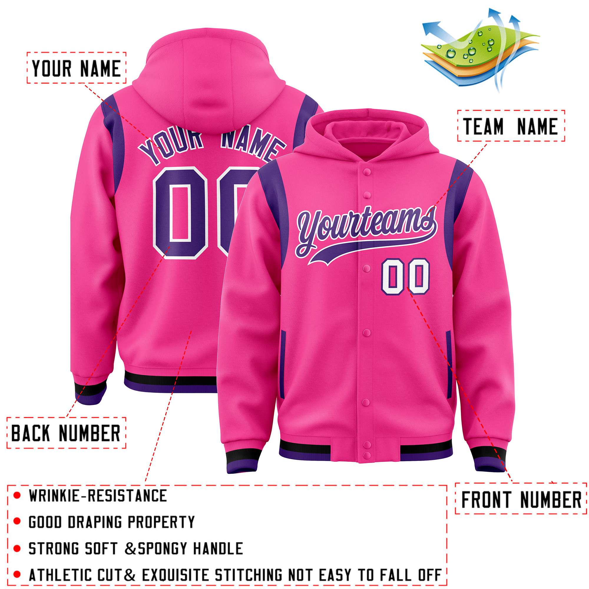 Custom Pink Purple Varsity Full-Snap Letterman Shoulder Color Block Jacket Hoodie| KXKSHOP