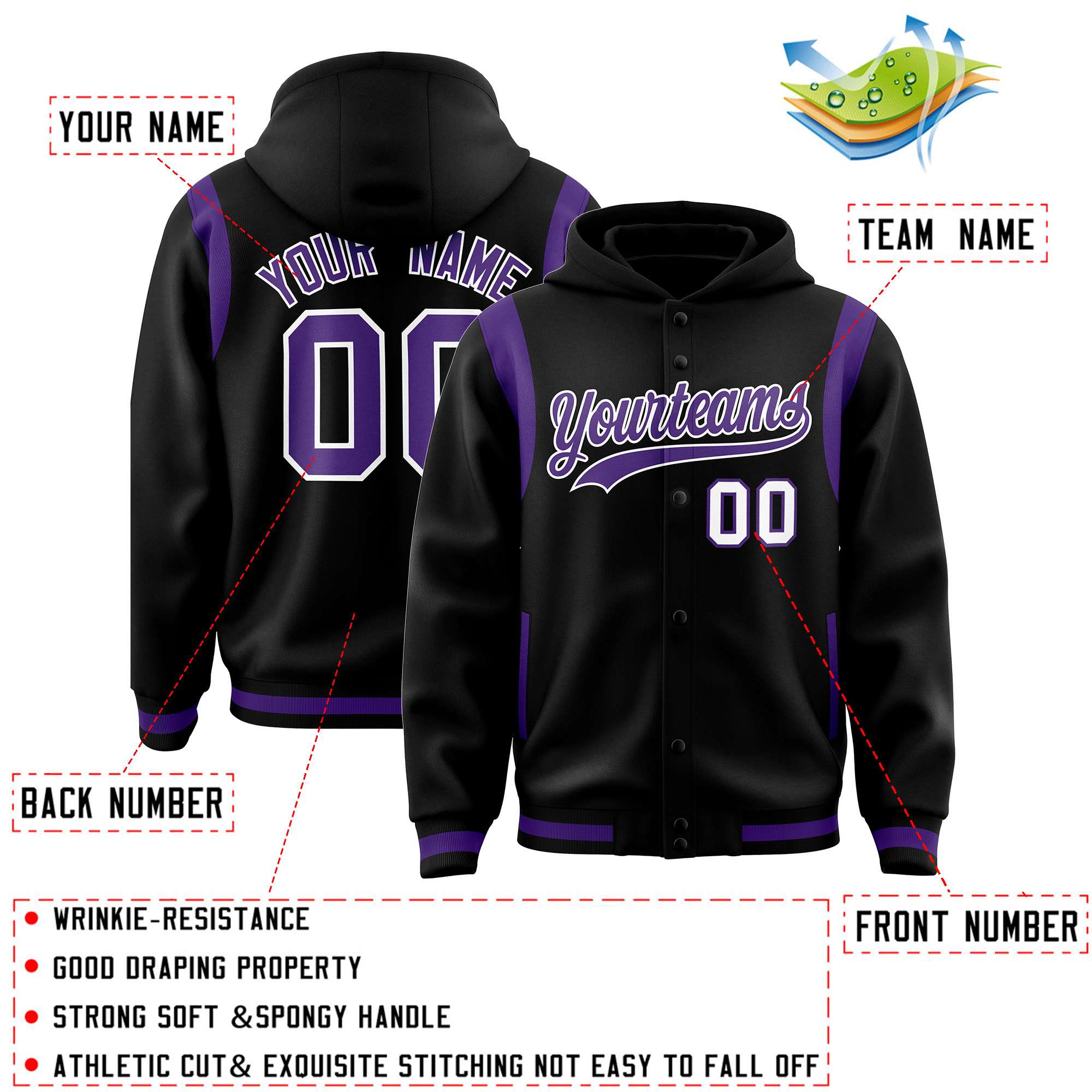 Custom Black Purple Varsity Full-Snap Letterman Shoulder Color Block Jacket Hoodie| KXKSHOP