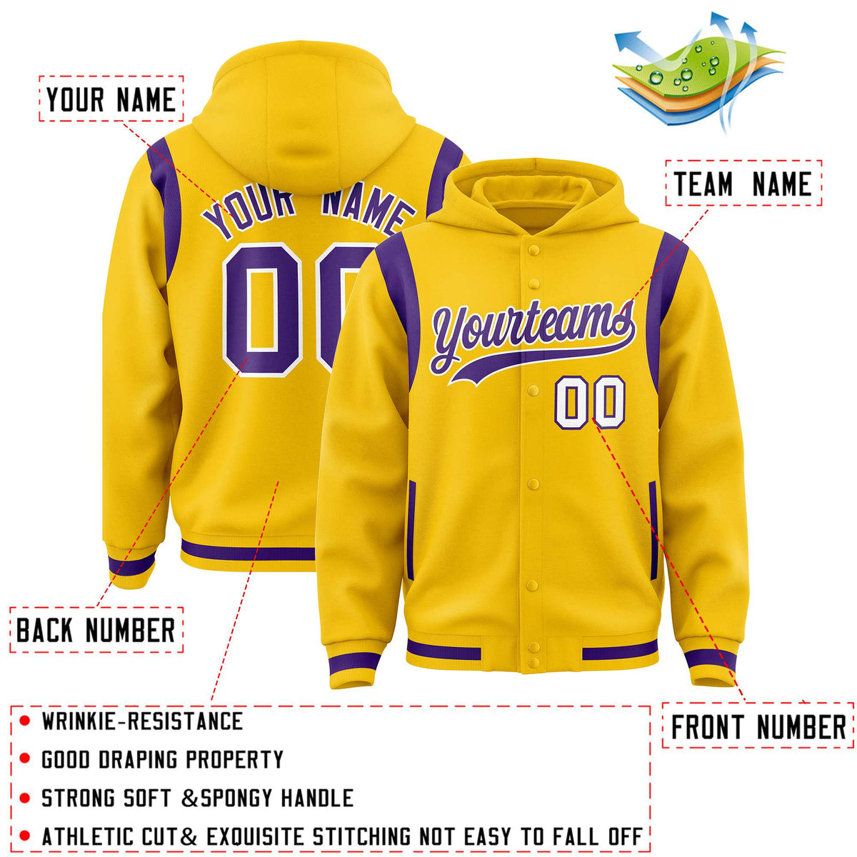Custom Gold Purple Varsity Full-Snap Letterman Shoulder Color Block Jacket Hoodie| KXKSHOP
