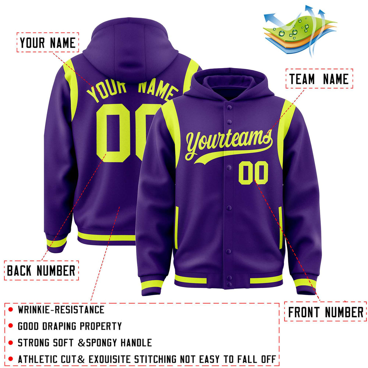 Custom Purple Fluorescent Green Varsity Full-Snap Letterman Shoulder Color Block Jacket Hoodie| KXKSHOP