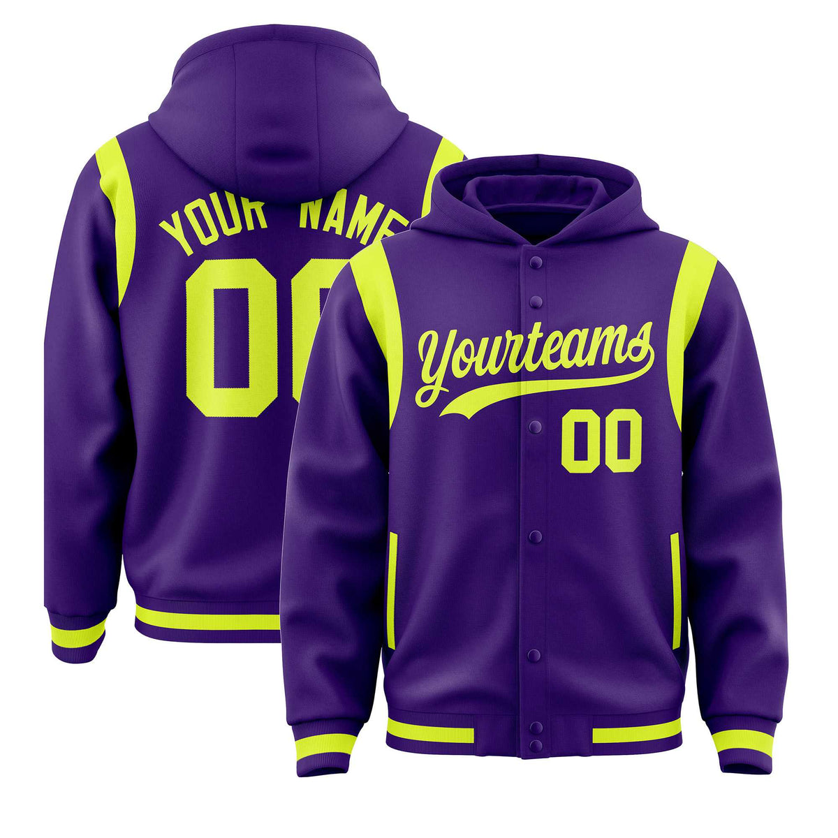 Custom Purple Fluorescent Green Varsity Full-Snap Letterman Shoulder Color Block Jacket Hoodie| KXKSHOP