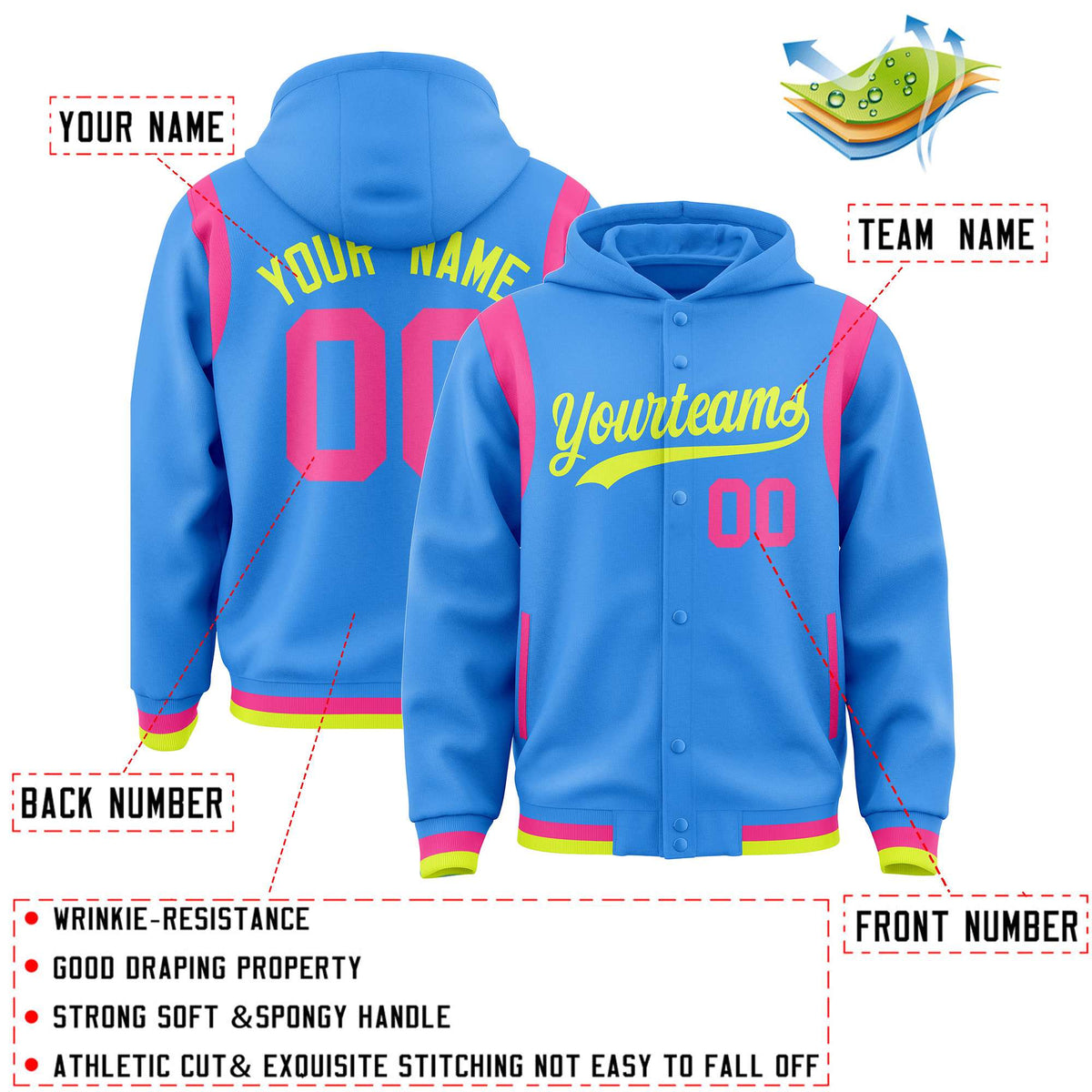 Custom Powder Blue Fluorescent Green Varsity Full-Snap Letterman Shoulder Color Block Jacket Hoodie| KXKSHOP