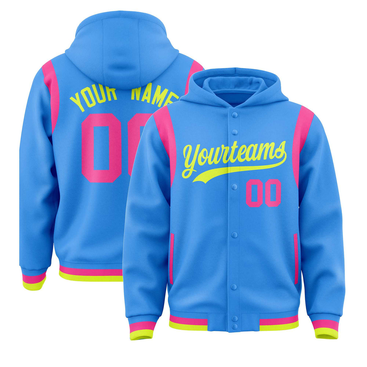 Custom Powder Blue Fluorescent Green Varsity Full-Snap Letterman Shoulder Color Block Jacket Hoodie| KXKSHOP