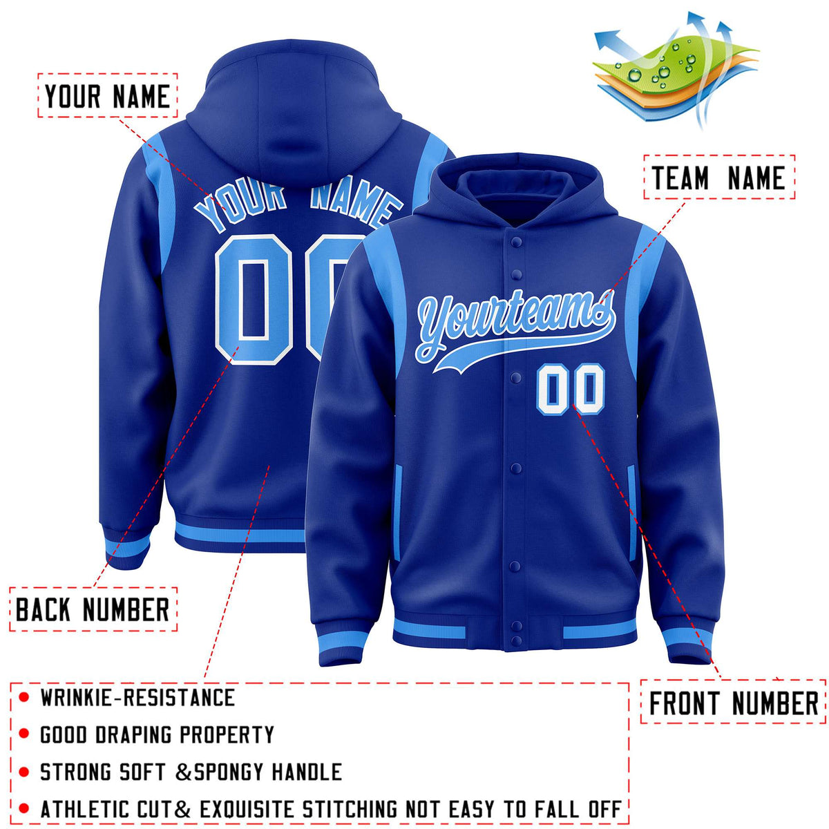 Custom Royal Powder Blue Varsity Full-Snap Letterman Shoulder Color Block Jacket Hoodie| KXKSHOP