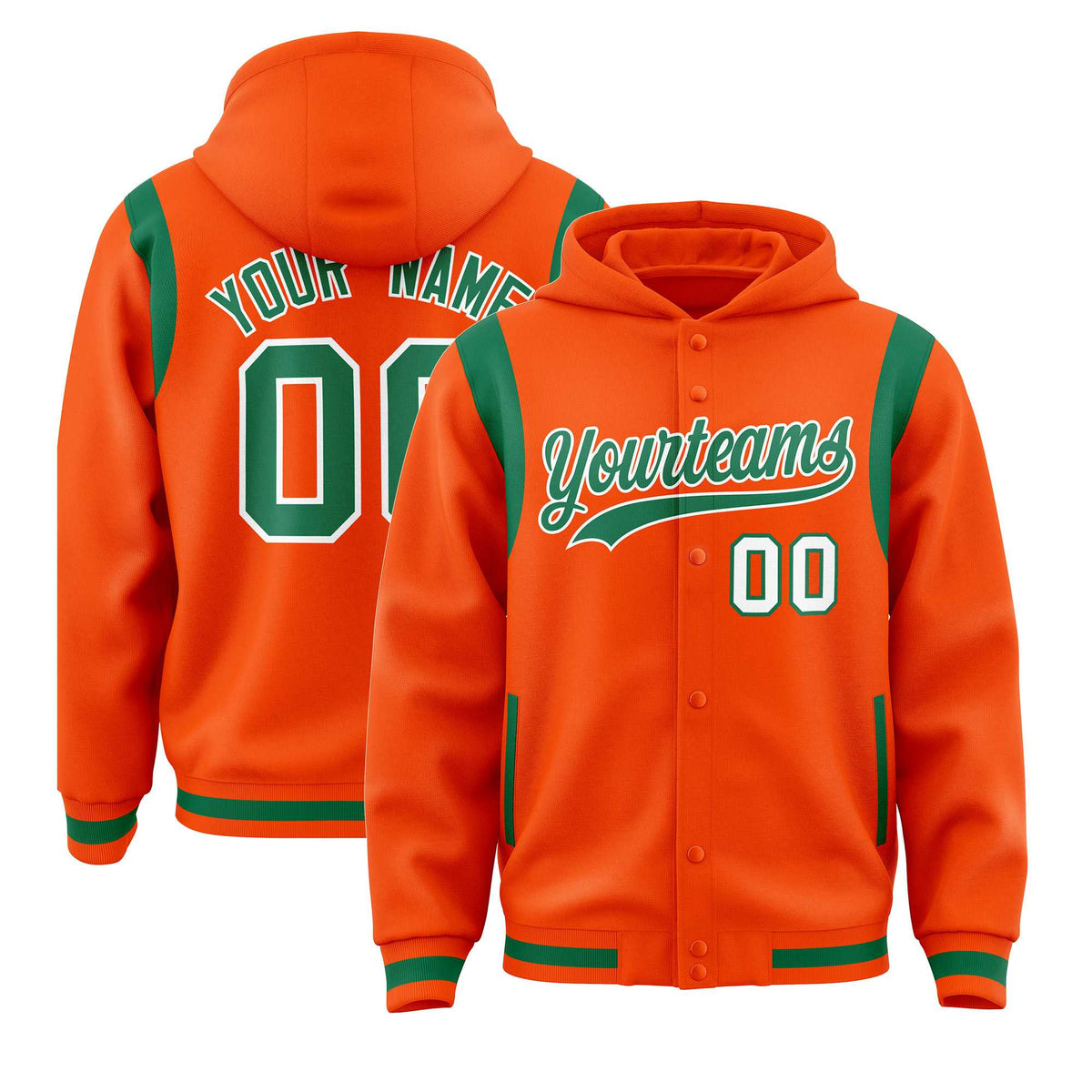 Custom Orange Kelly Green Varsity Full-Snap Letterman Shoulder Color Block Jacket Hoodie| KXKSHOP