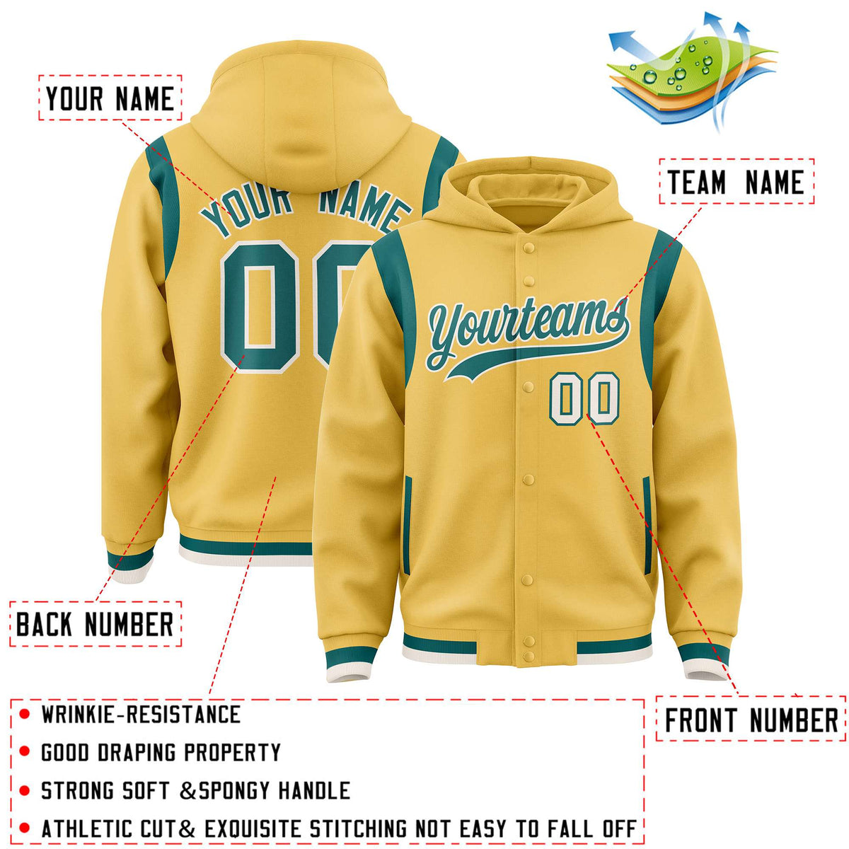 Custom Khaki Aqua Varsity Full-Snap Letterman Shoulder Color Block Jacket Hoodie| KXKSHOP