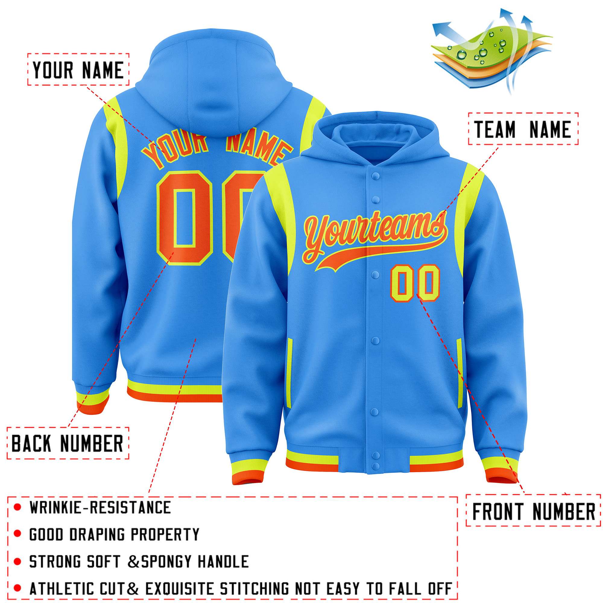 Custom Powder Blue Orange Varsity Full-Snap Letterman Shoulder Color Block Jacket Hoodie| KXKSHOP