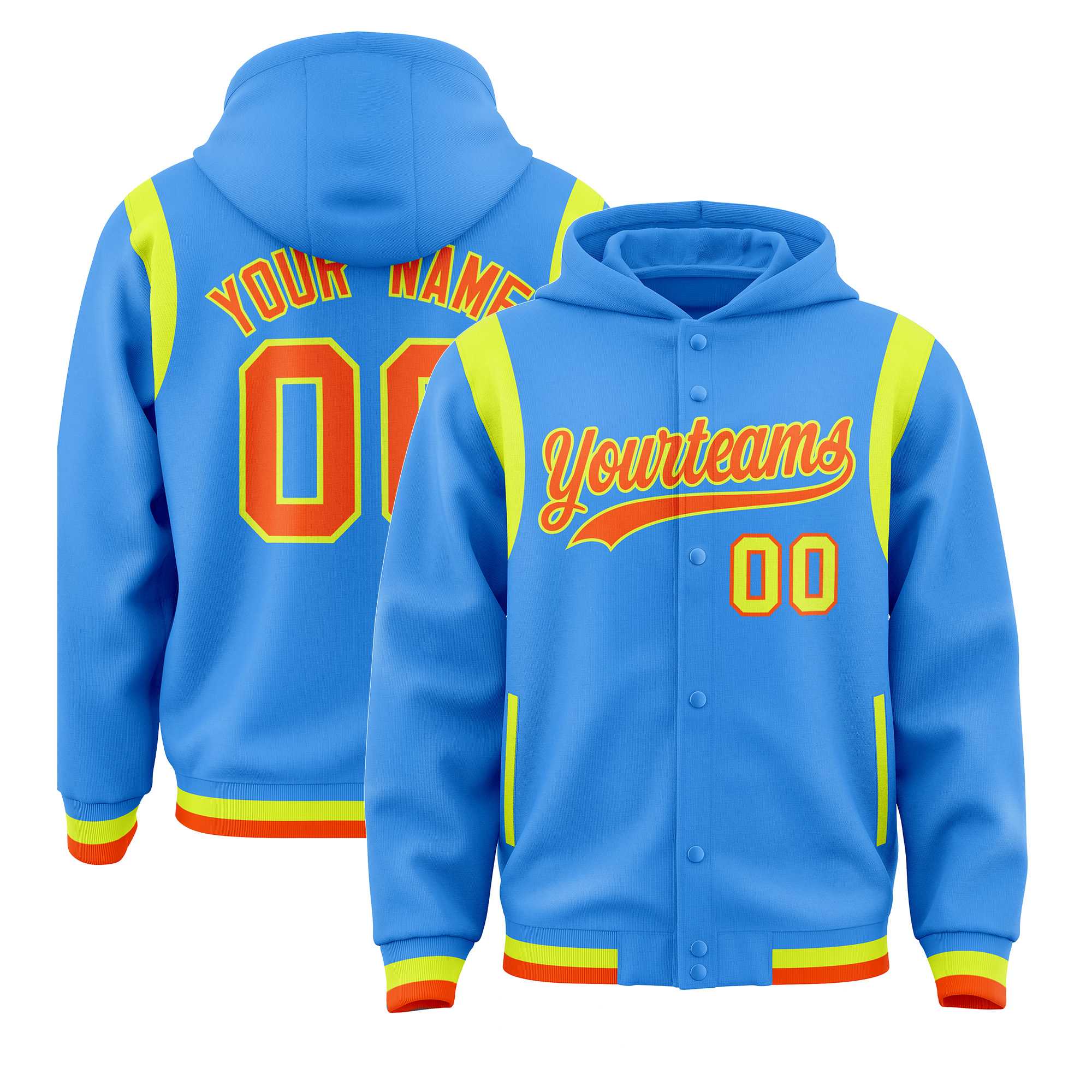 Custom Powder Blue Orange Varsity Full-Snap Letterman Shoulder Color Block Jacket Hoodie| KXKSHOP