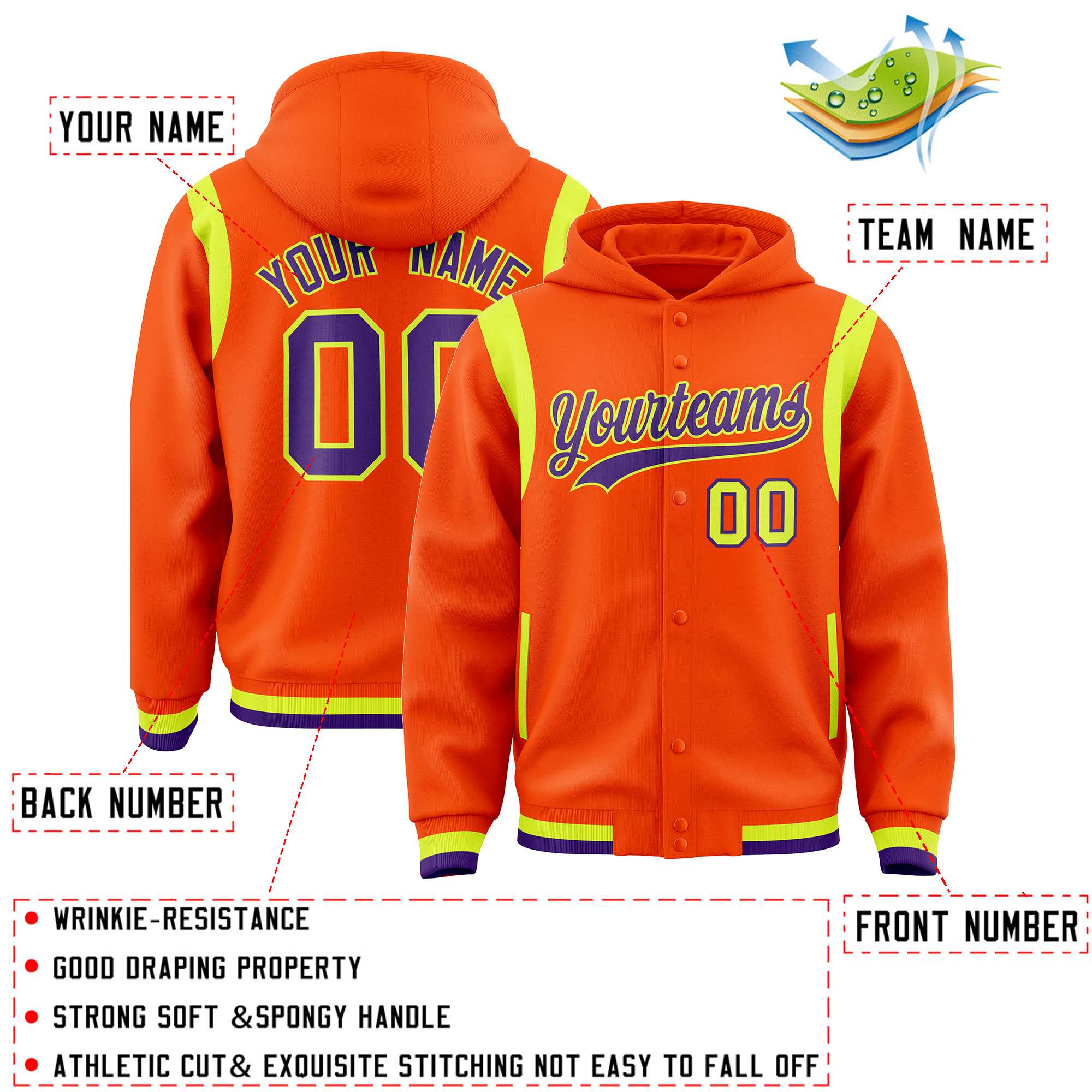 Custom Orange Purple Varsity Full-Snap Letterman Shoulder Color Block Jacket Hoodie| KXKSHOP