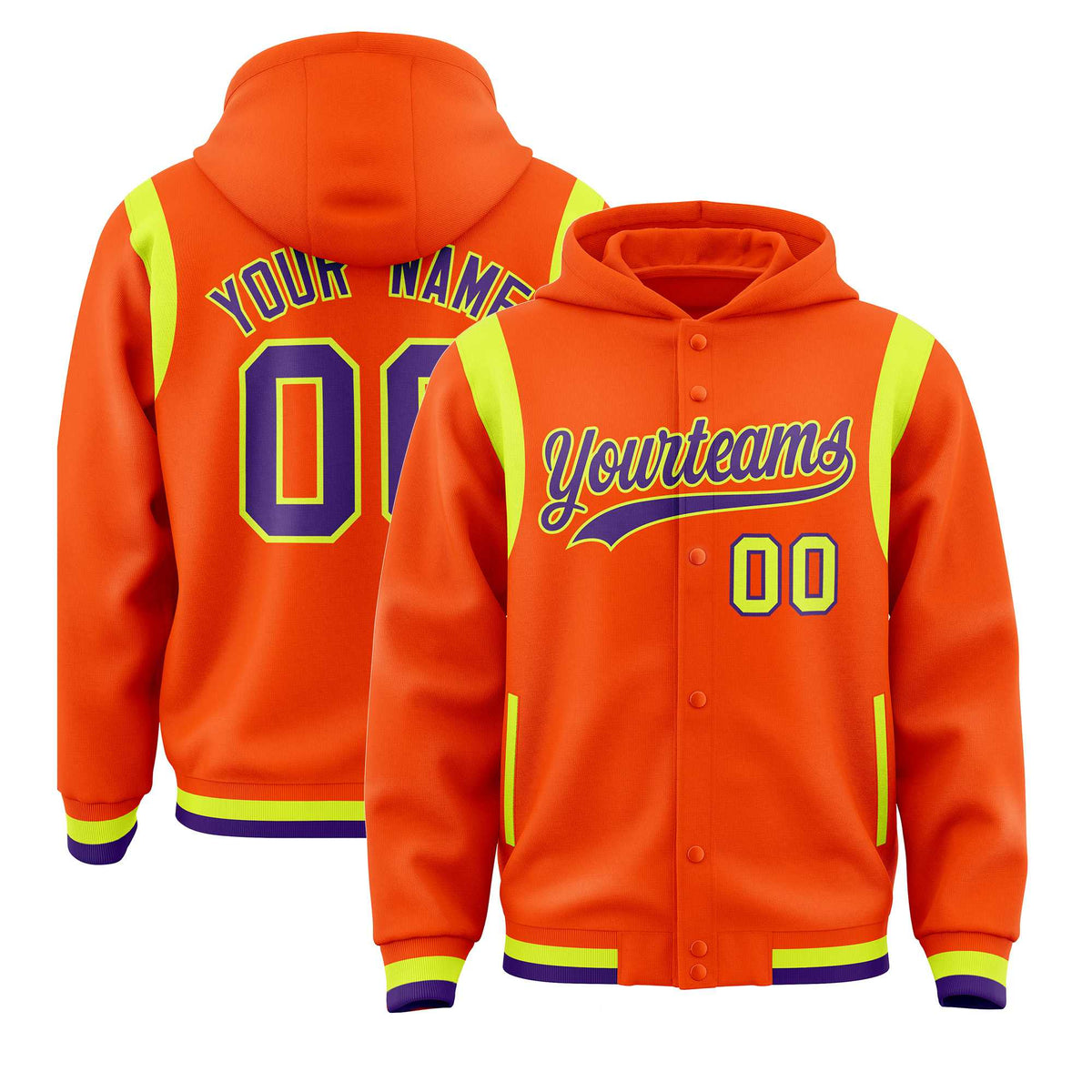 Custom Orange Purple Varsity Full-Snap Letterman Shoulder Color Block Jacket Hoodie| KXKSHOP
