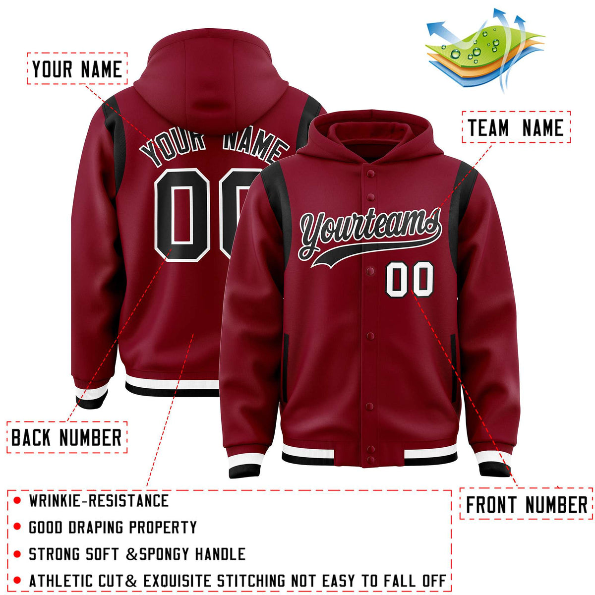 Custom Crimson Black Varsity Full-Snap Letterman Shoulder Color Block Jacket Hoodie| KXKSHOP