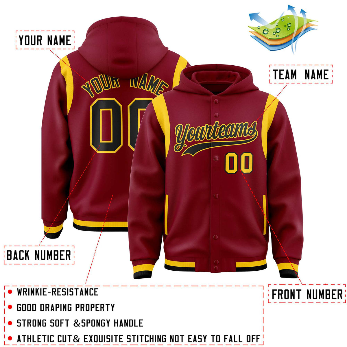Custom Crimson Black Varsity Full-Snap Letterman Shoulder Color Block Jacket Hoodie| KXKSHOP
