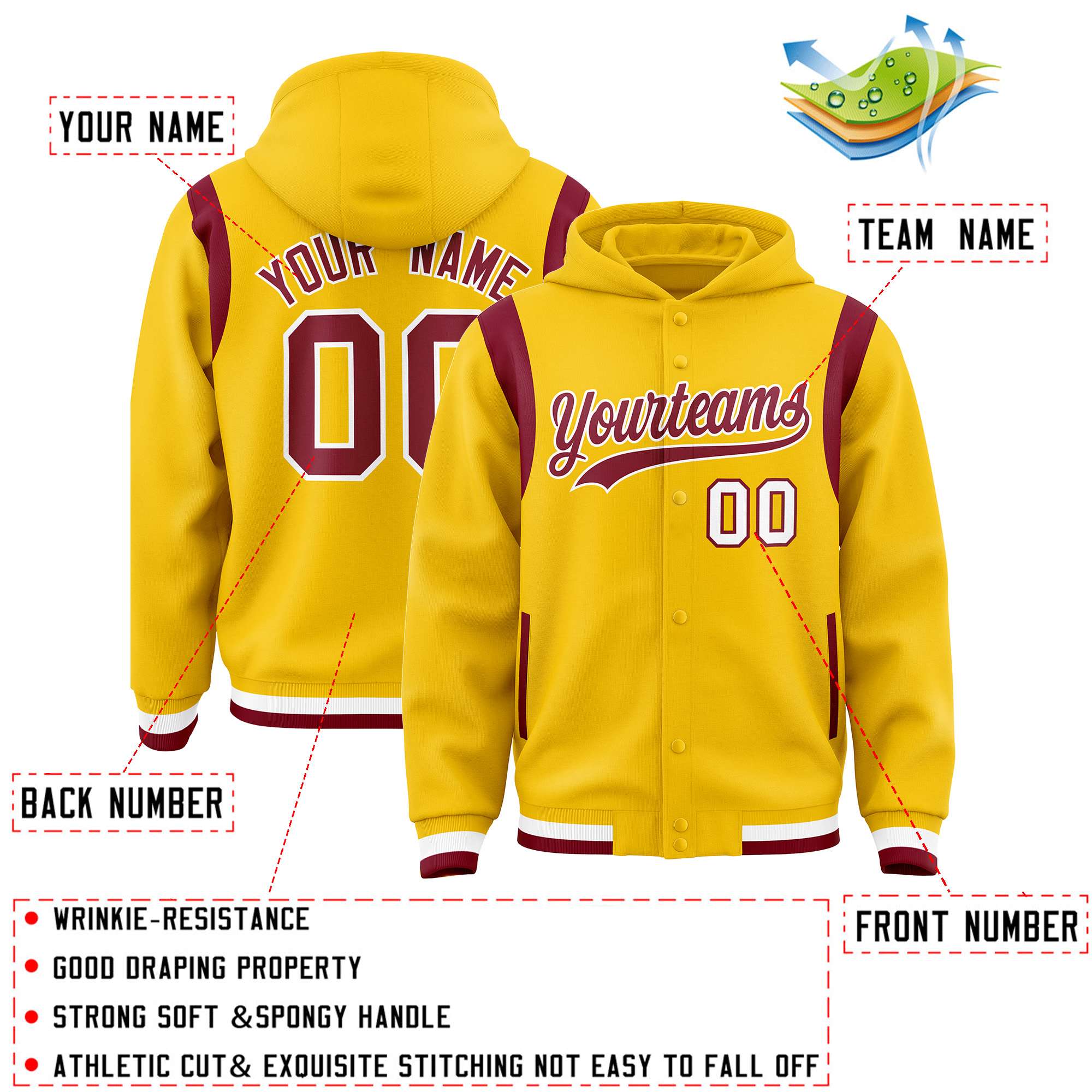Custom Gold Crimson Varsity Full-Snap Letterman Shoulder Color Block Jacket Hoodie| KXKSHOP
