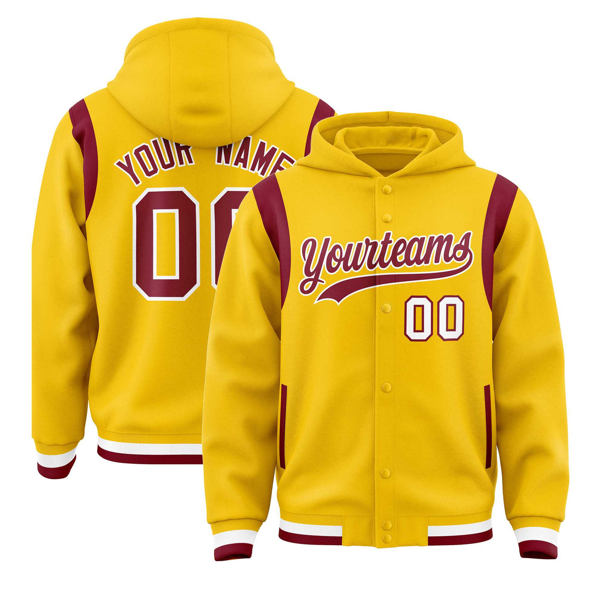 Custom Gold Crimson Varsity Full-Snap Letterman Shoulder Color Block Jacket Hoodie| KXKSHOP