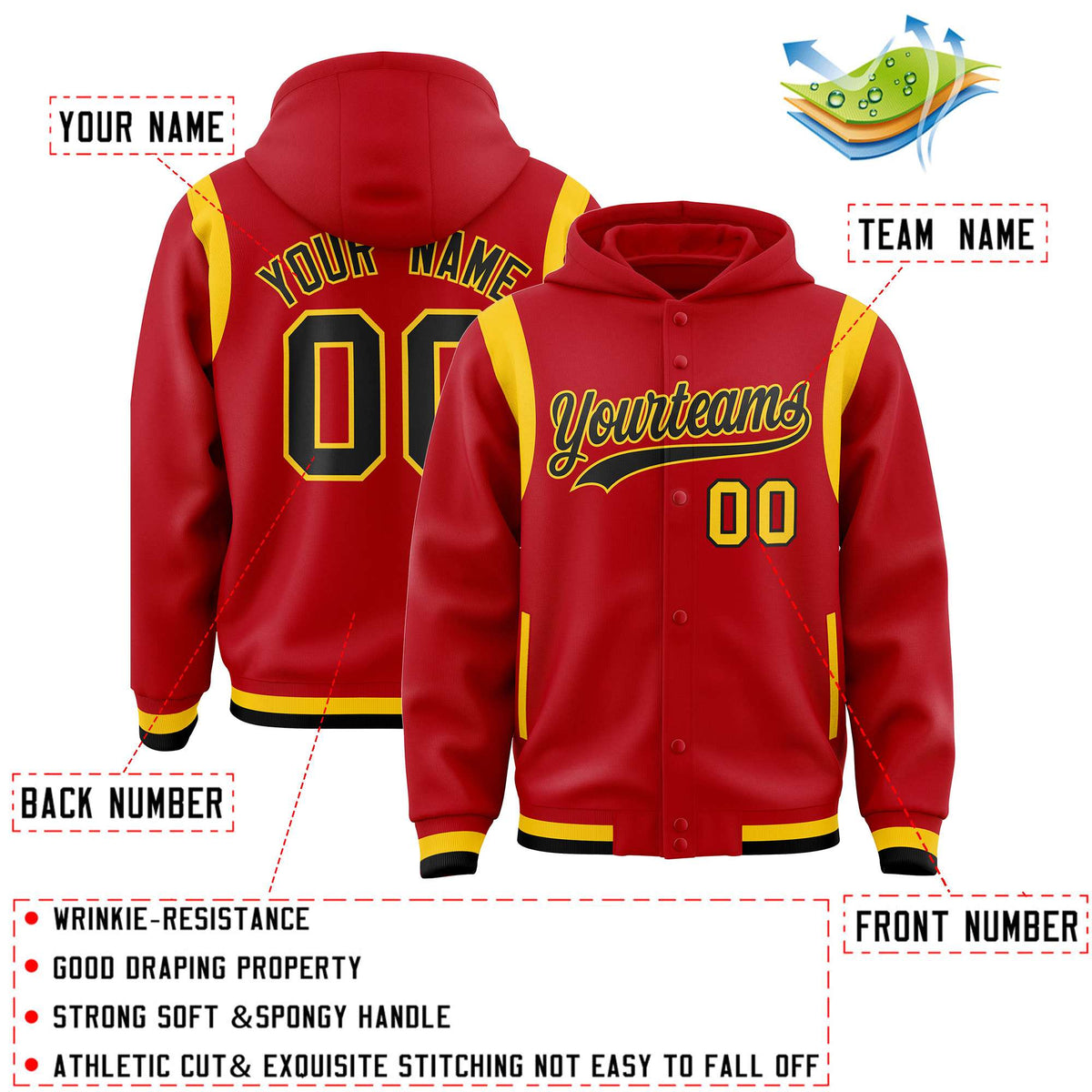 Custom Red Black Varsity Full-Snap Letterman Shoulder Color Block Jacket Hoodie| KXKSHOP