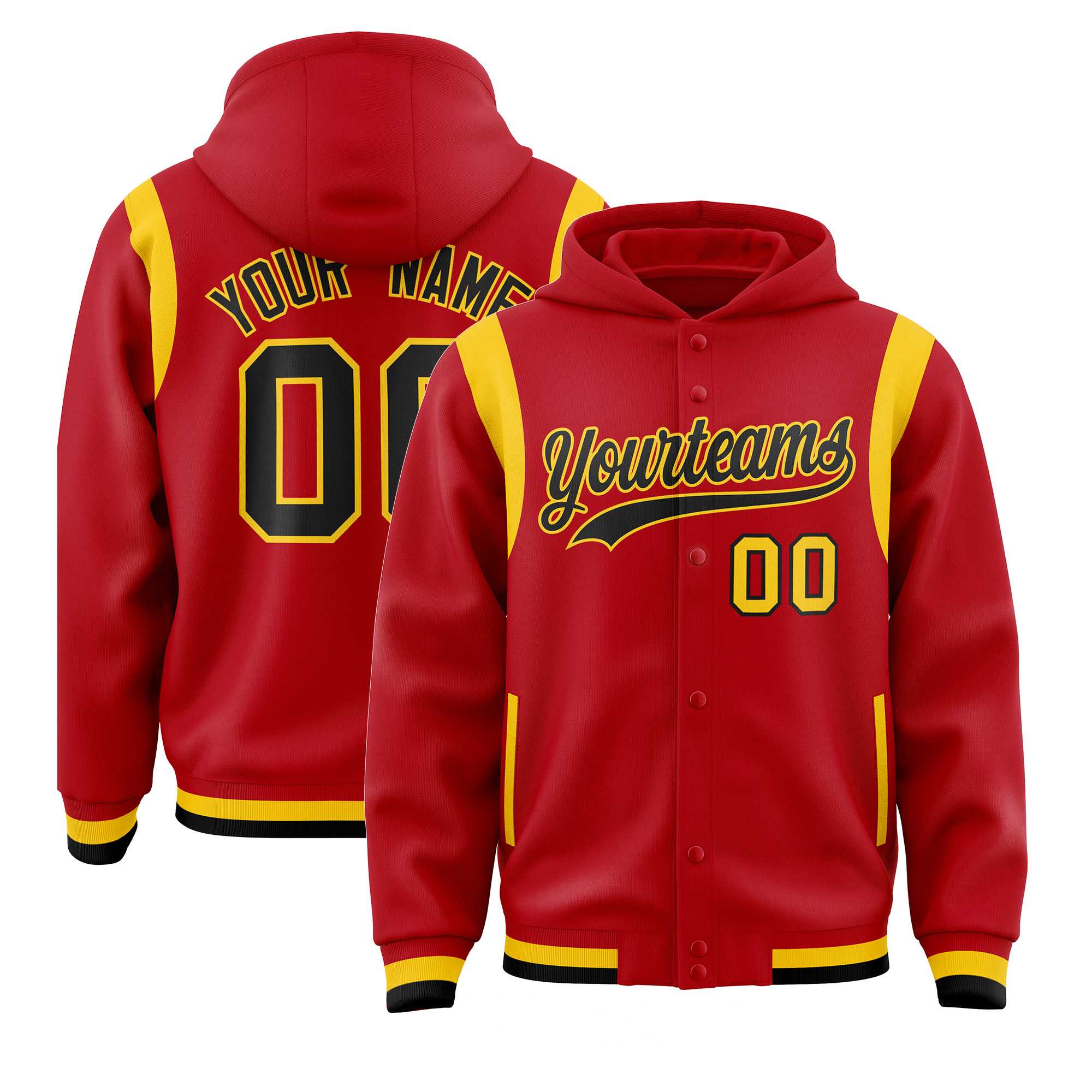 Custom Red Black Varsity Full-Snap Letterman Shoulder Color Block Jacket Hoodie| KXKSHOP