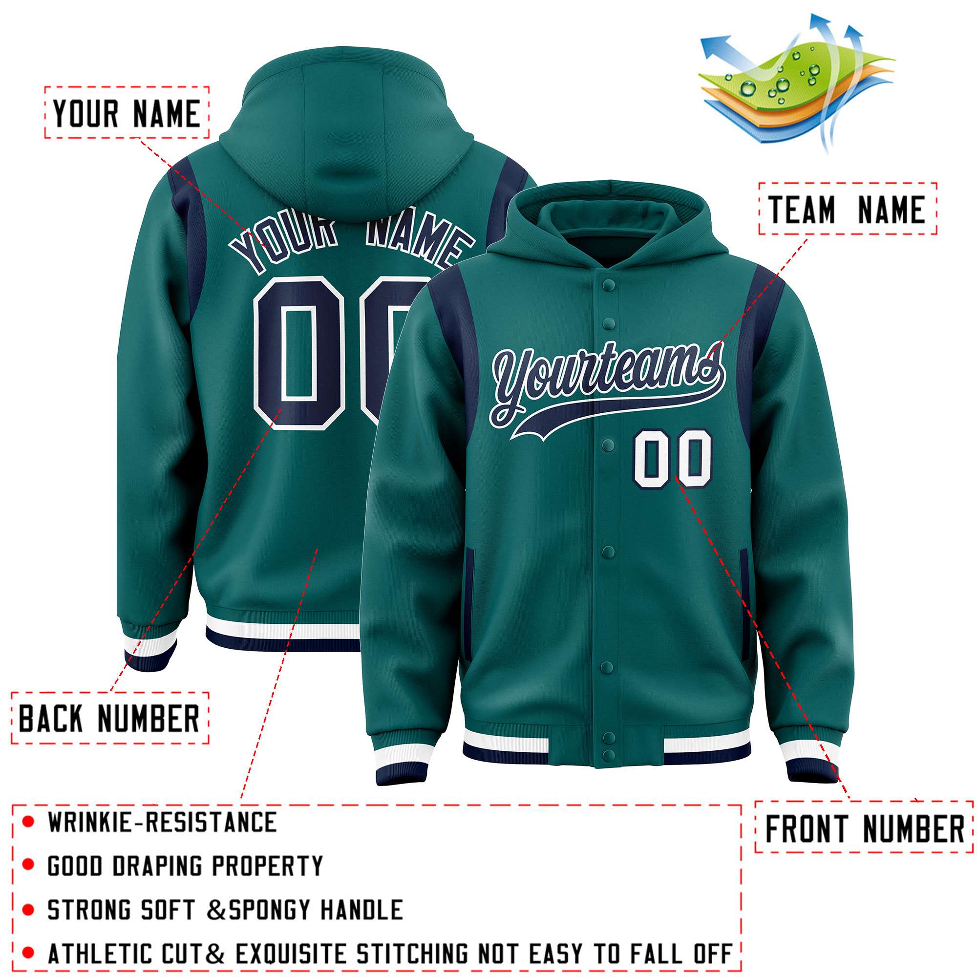 Custom Aqua Navy Varsity Full-Snap Letterman Shoulder Color Block Jacket Hoodie| KXKSHOP