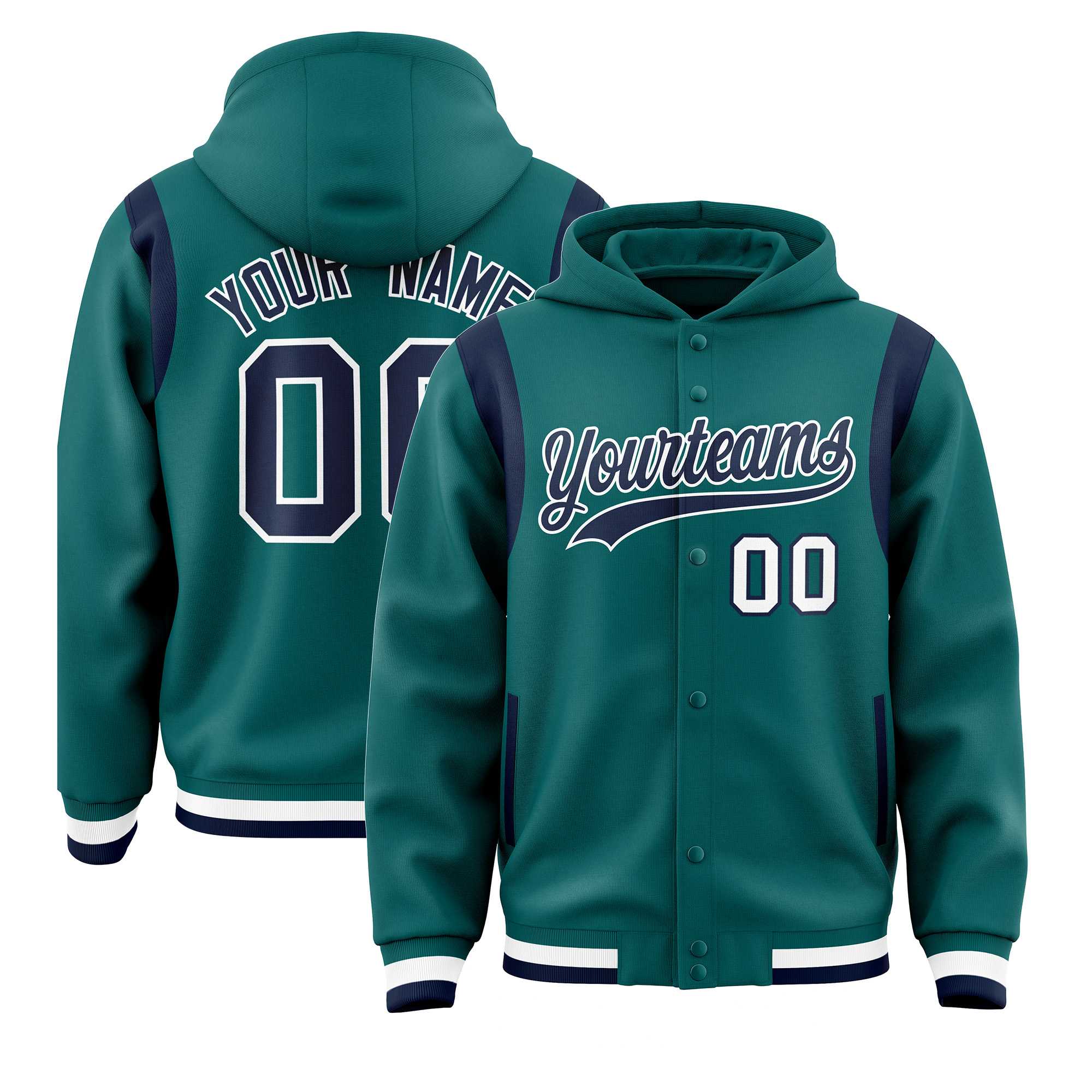 Custom Aqua Navy Varsity Full-Snap Letterman Shoulder Color Block Jacket Hoodie| KXKSHOP