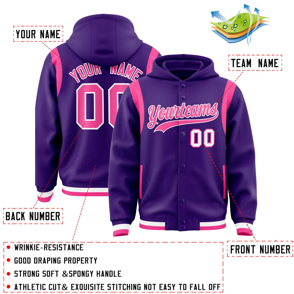 Custom Purple Pink Varsity Full-Snap Letterman Shoulder Color Block Jacket Hoodie| KXKSHOP