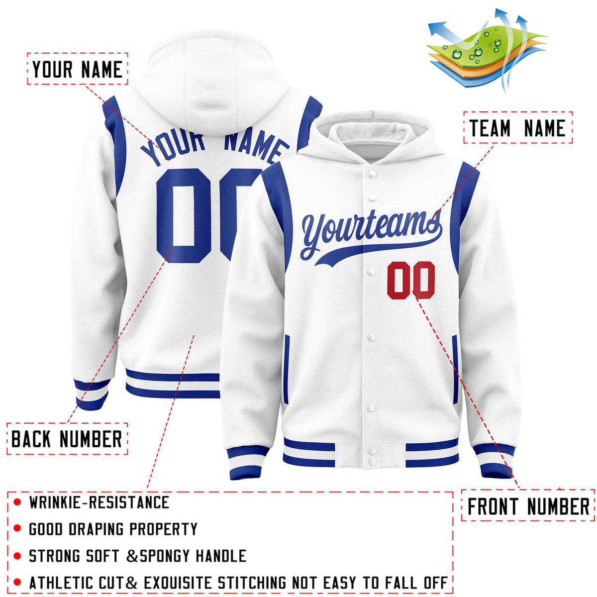 Custom White Royal Varsity Full-Snap Letterman Shoulder Color Block Jacket Hoodie| KXKSHOP