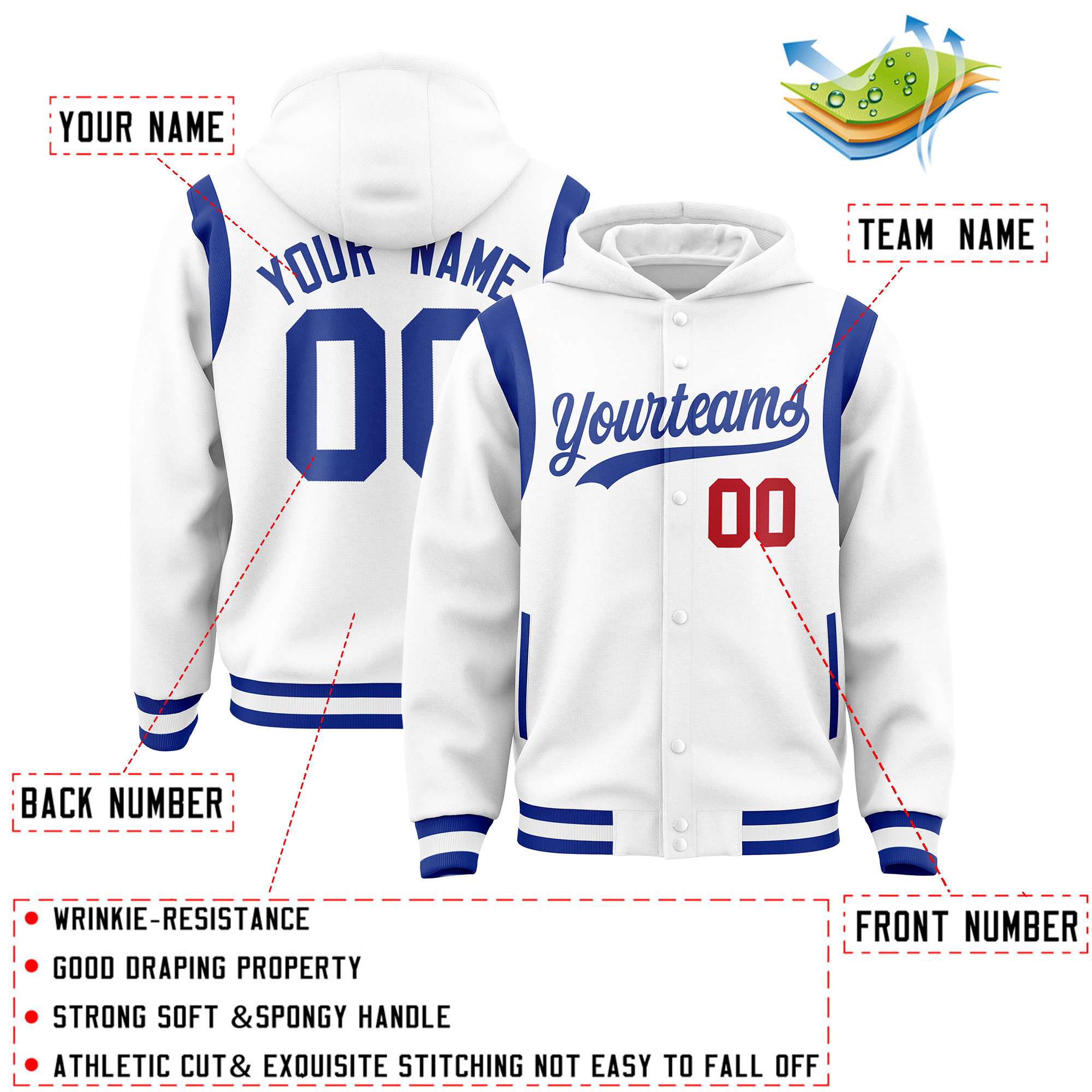 Custom White Royal Varsity Full-Snap Letterman Shoulder Color Block Jacket Hoodie| KXKSHOP